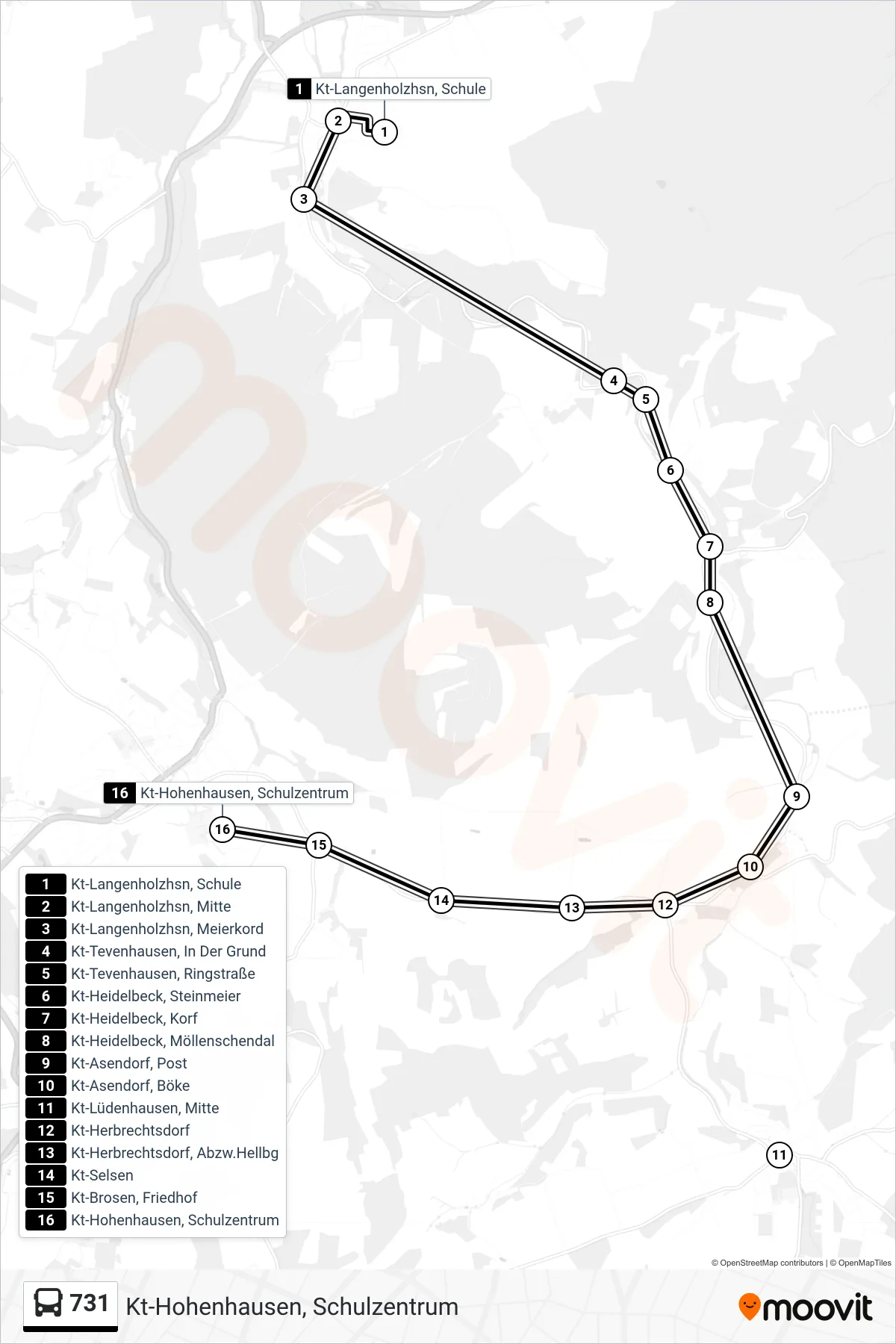 Linie 731 (Bus) Richtung Kt-Hohenhausen, Schulzentrum: Route und Haltestellen auf der Karte