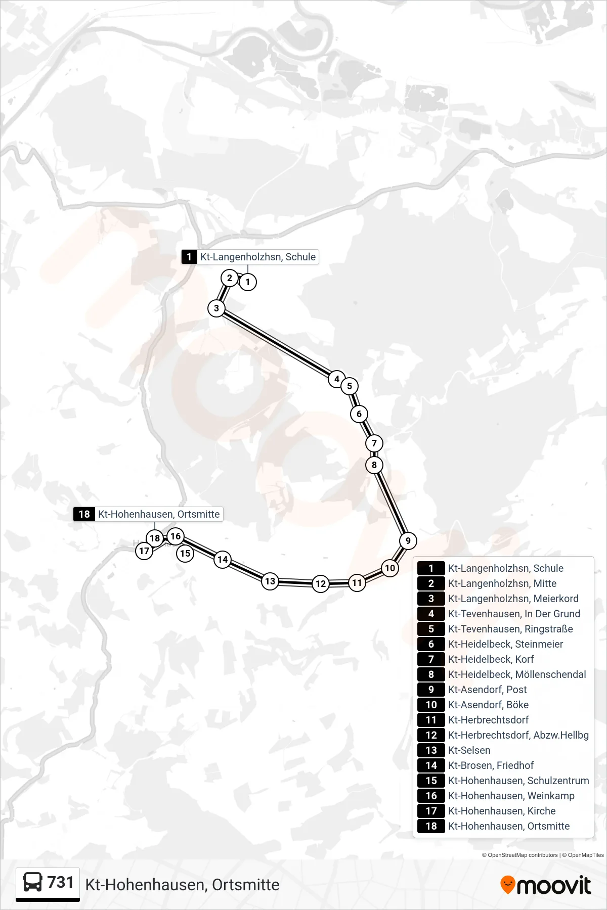 Linie 731 (Bus) Richtung Kt-Hohenhausen, Ortsmitte: Route und Haltestellen auf der Karte
