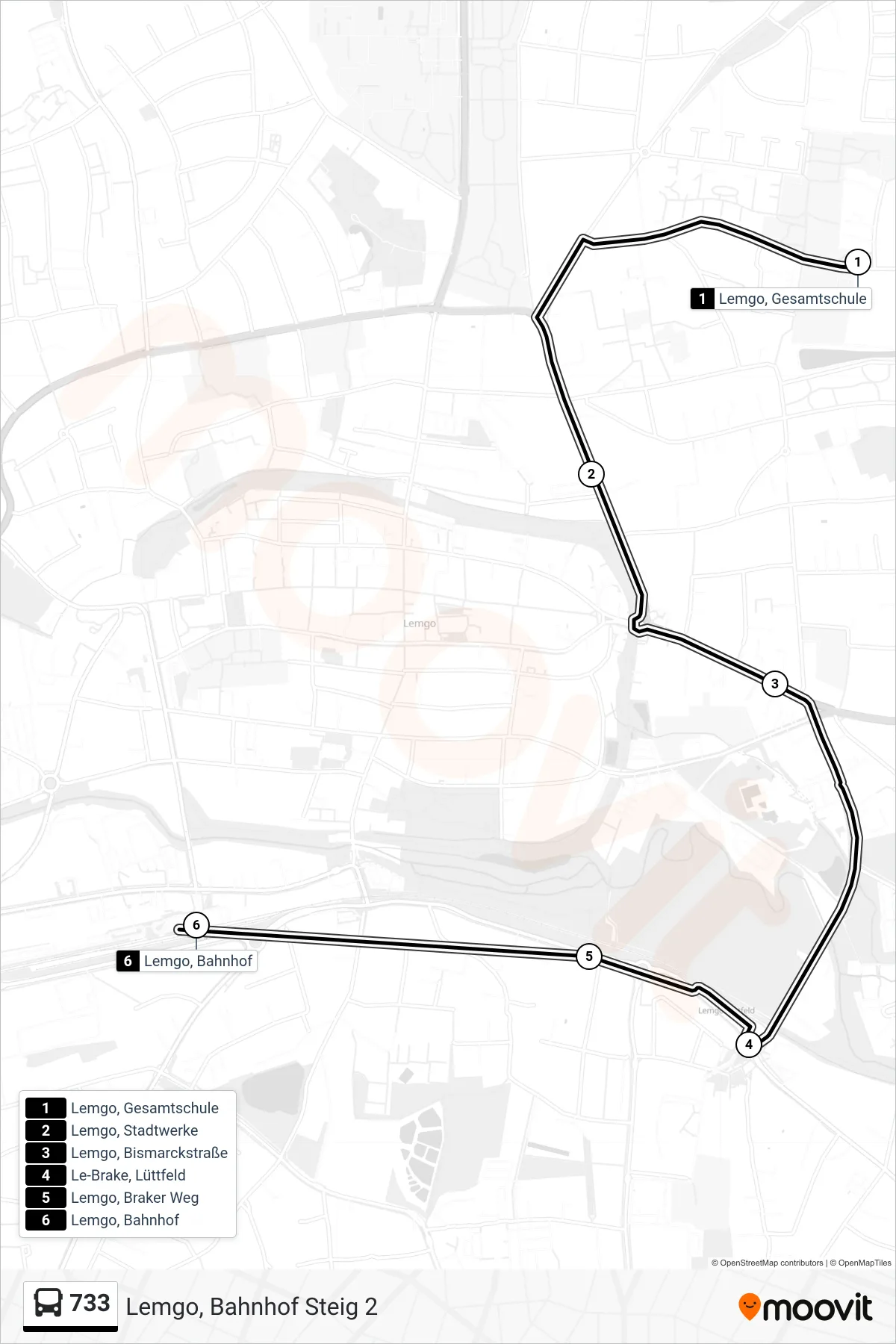 733 bus Line (Lemgo, Bahnhof Steig 2) route and stops on a map