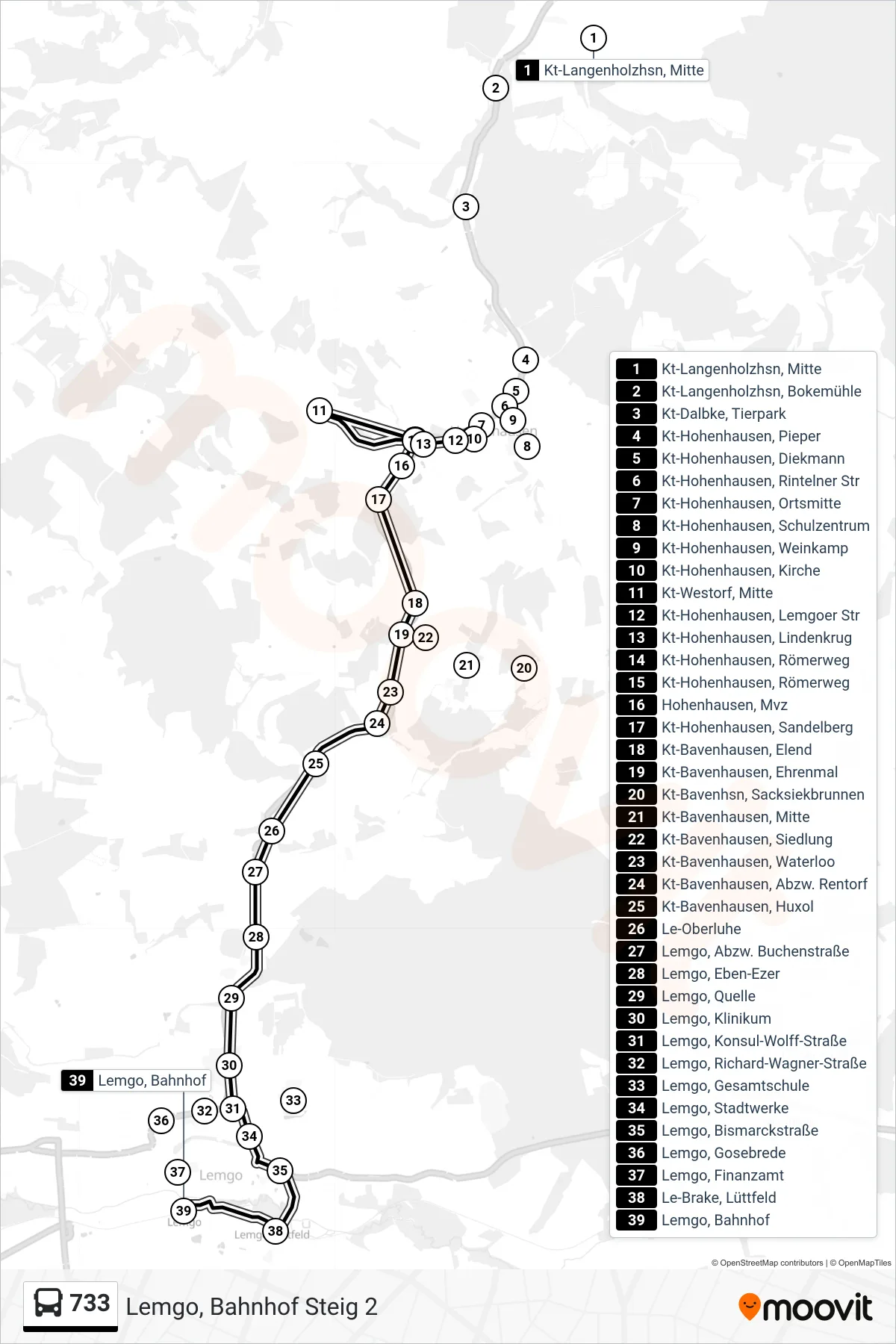 733 bus Line (Lemgo, Bahnhof Steig 2) route and stops on a map
