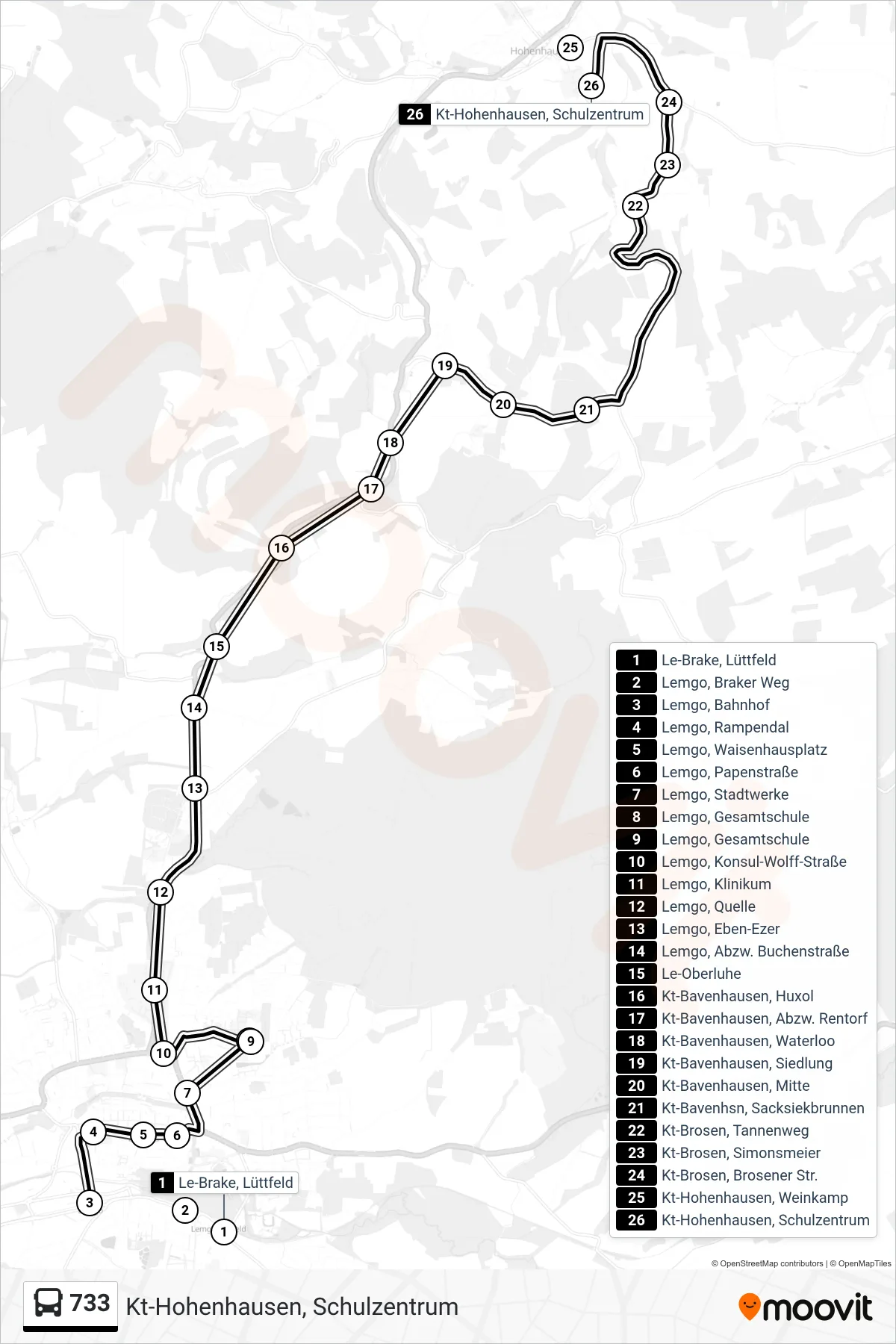733 bus Line (Kt-Hohenhausen, Schulzentrum) route and stops on a map