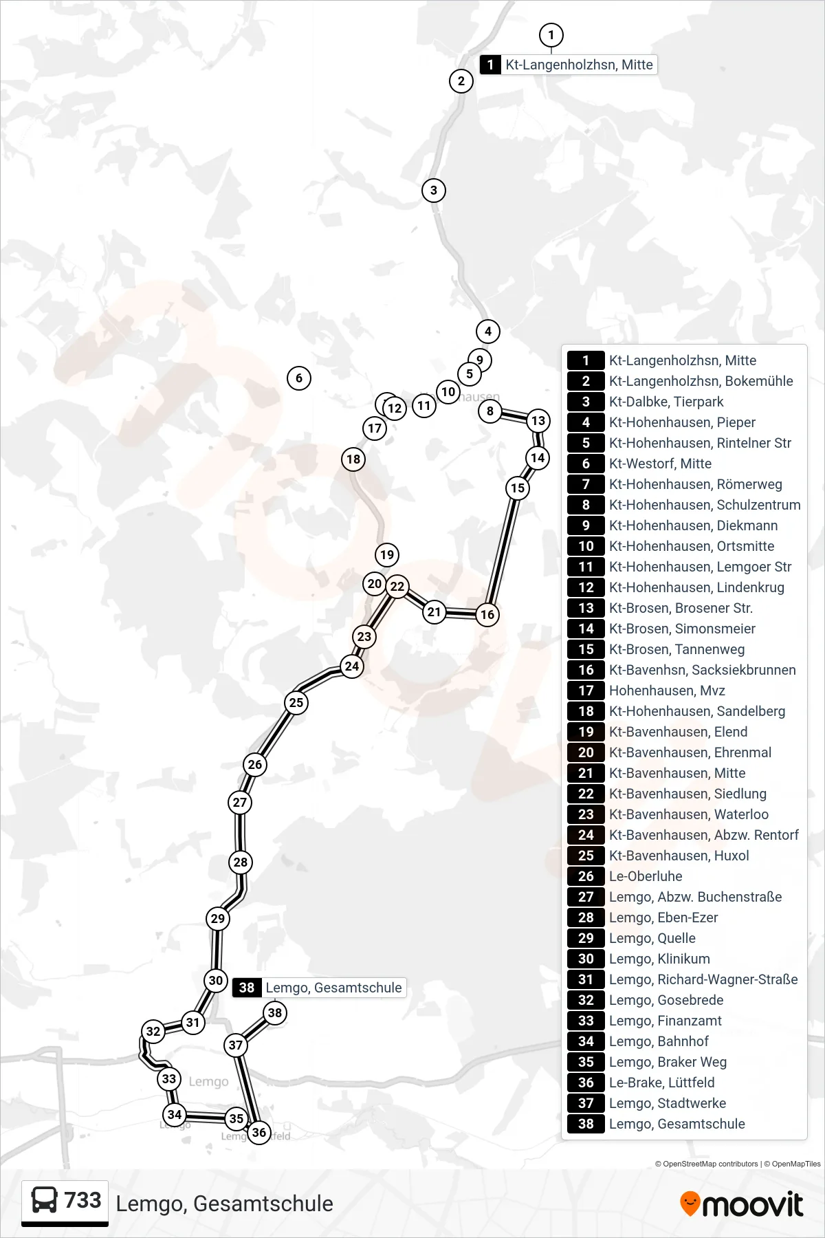 733 bus Line (Lemgo, Gesamtschule) route and stops on a map