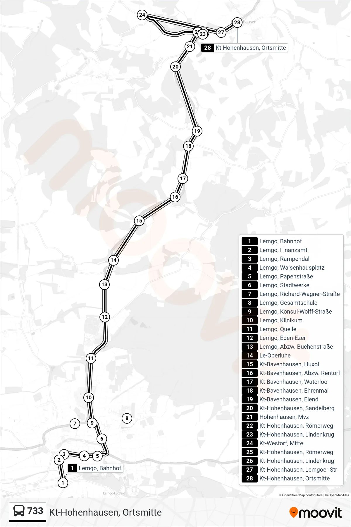 733 bus Line (Kt-Hohenhausen, Ortsmitte) route and stops on a map