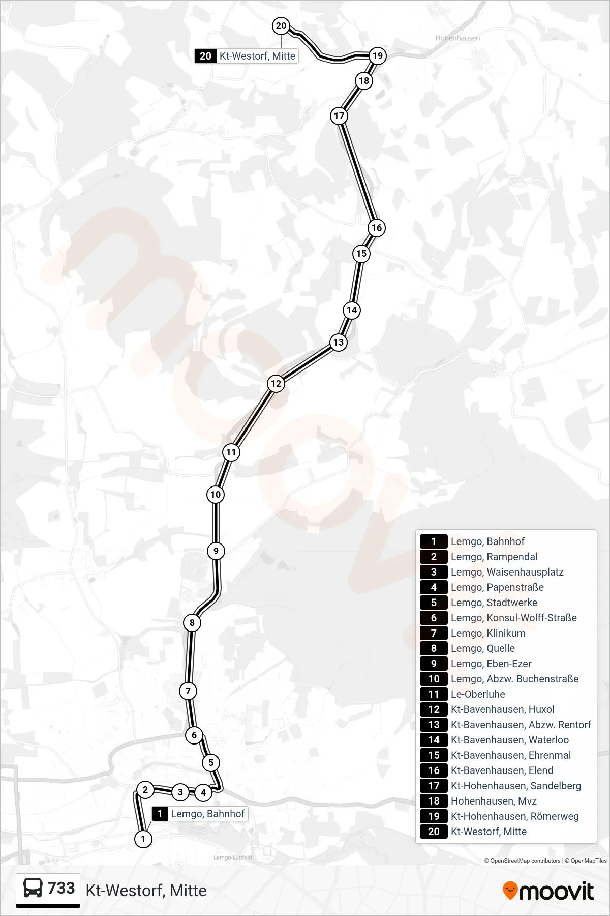 733 bus Line (Kt-Westorf, Mitte) route and stops on a map