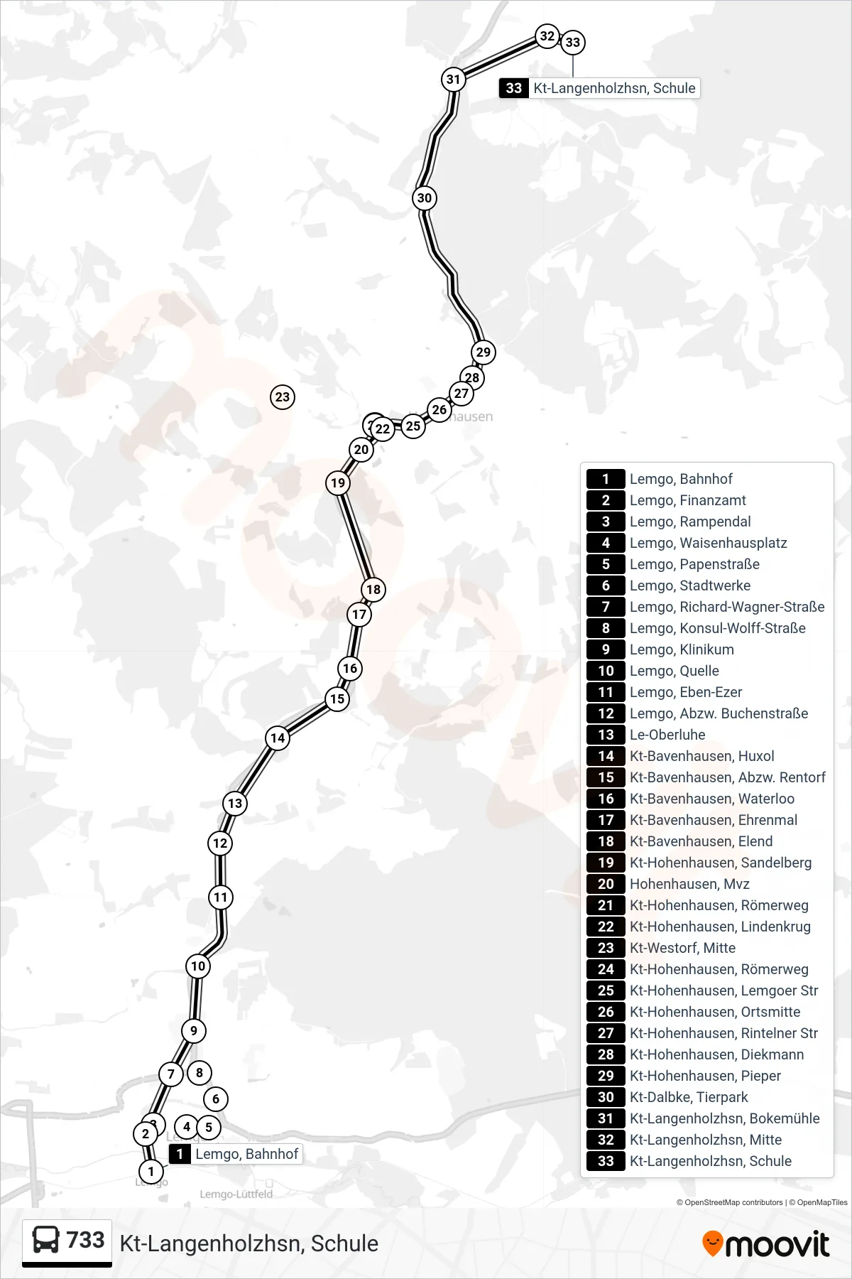 733 bus Line (Kt-Langenholzhsn, Schule) route and stops on a map