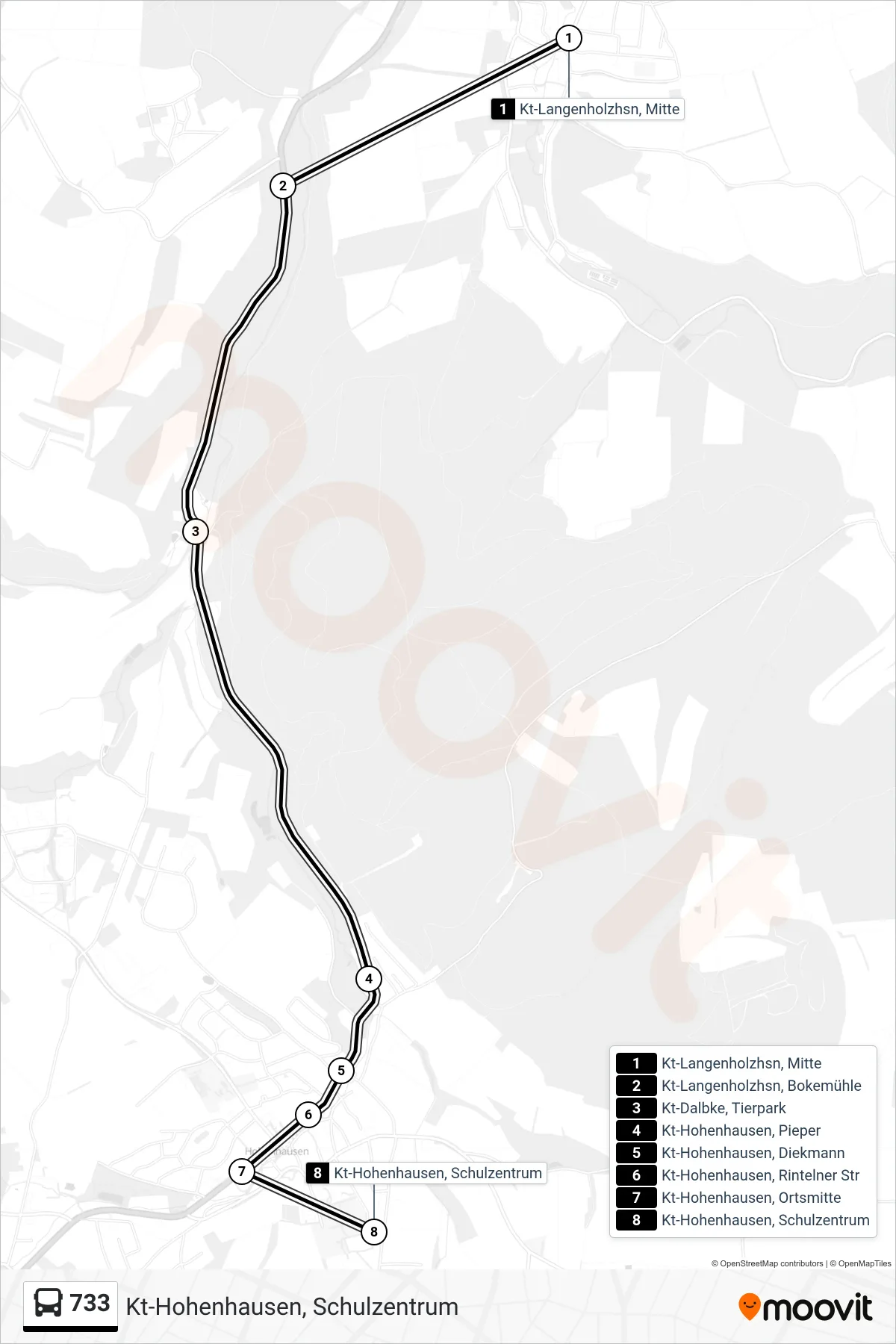 Linie 733 (Bus) Richtung Kt-Hohenhausen, Schulzentrum: Route und Haltestellen auf der Karte