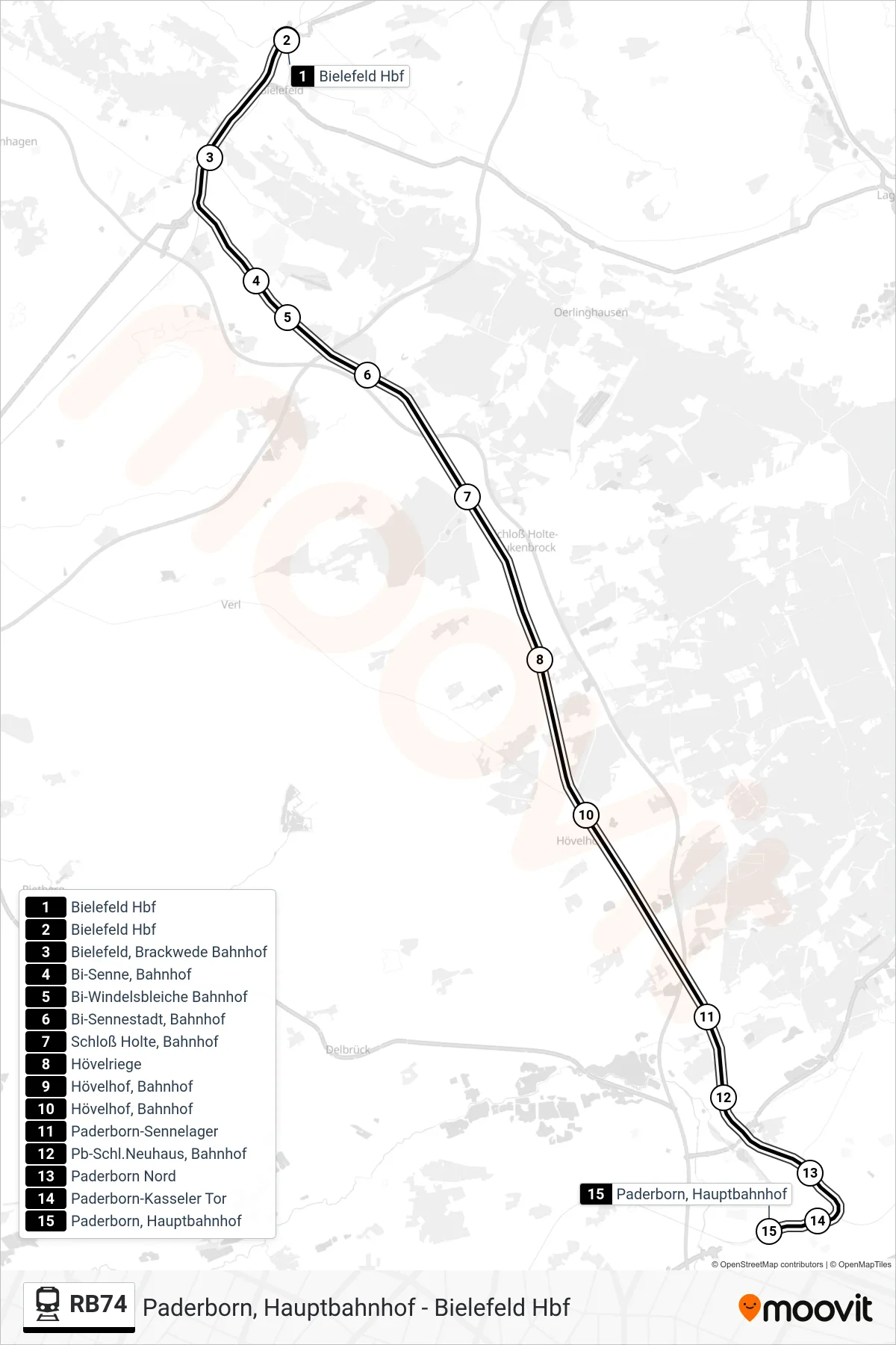RB74 train Line (Paderborn, Hauptbahnhof) route and stops on a map
