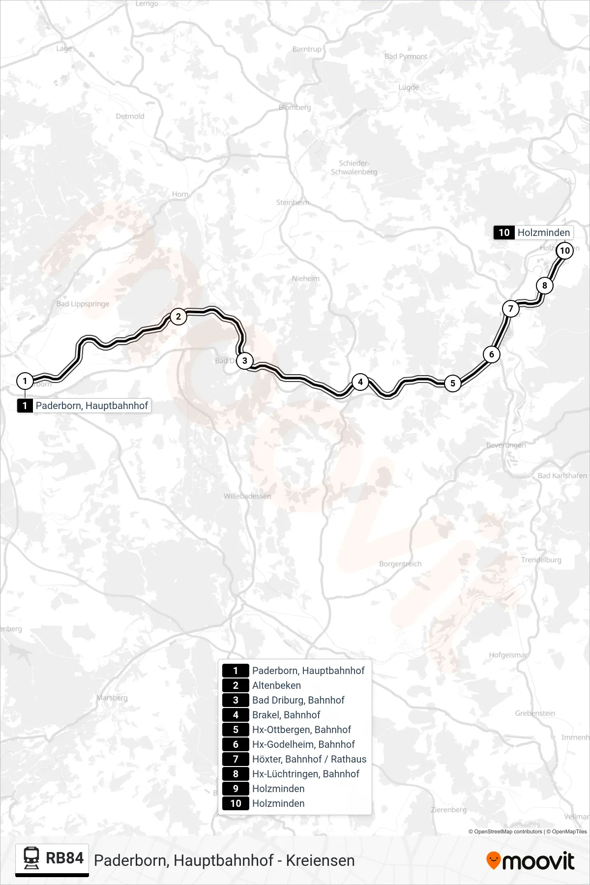 Linie RB84 (Bahn) Richtung Holzminden: Route und Haltestellen auf der Karte