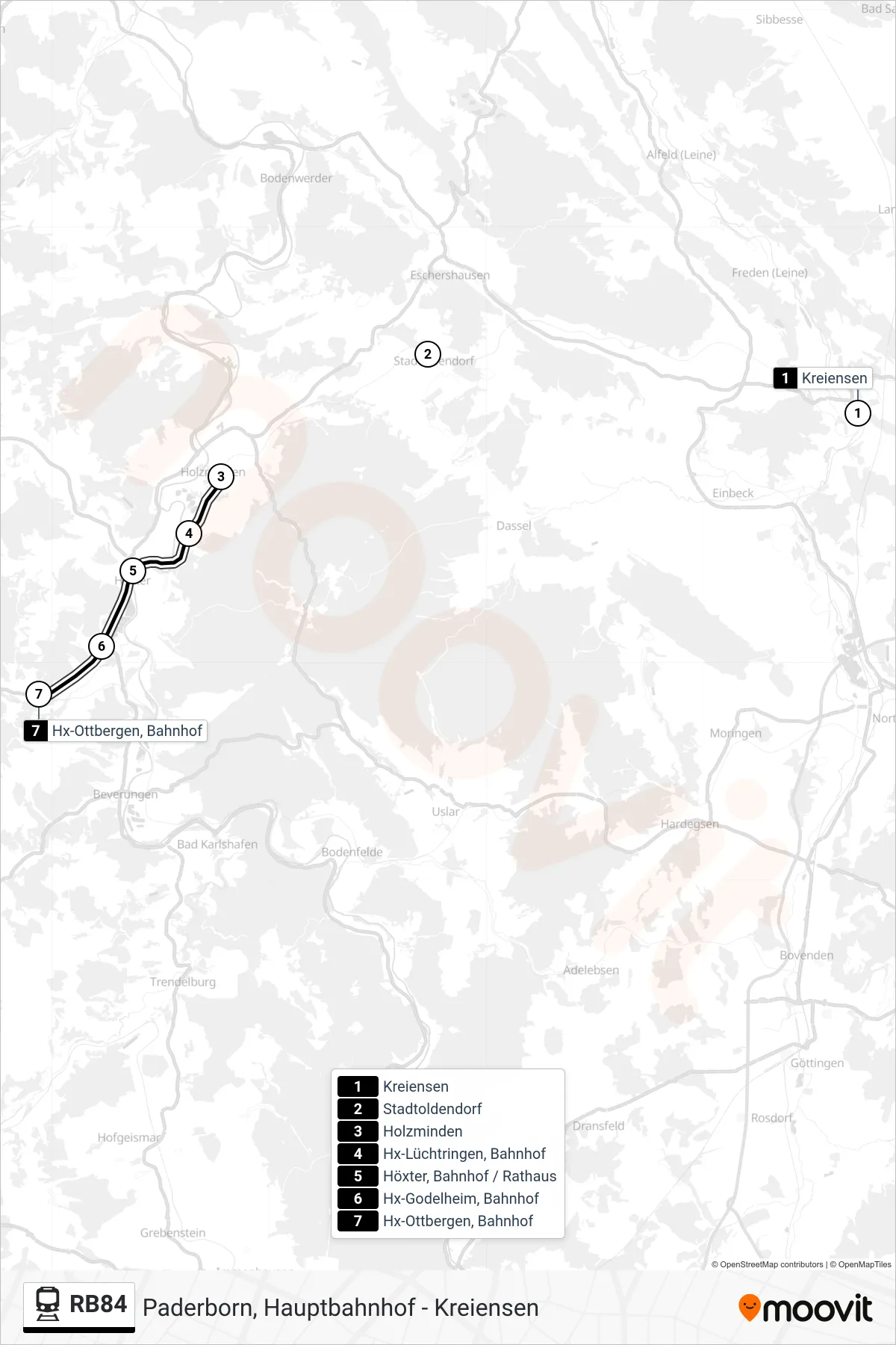 Linie RB84 (Bahn) Richtung Hx-Ottbergen, Bahnhof: Route und Haltestellen auf der Karte