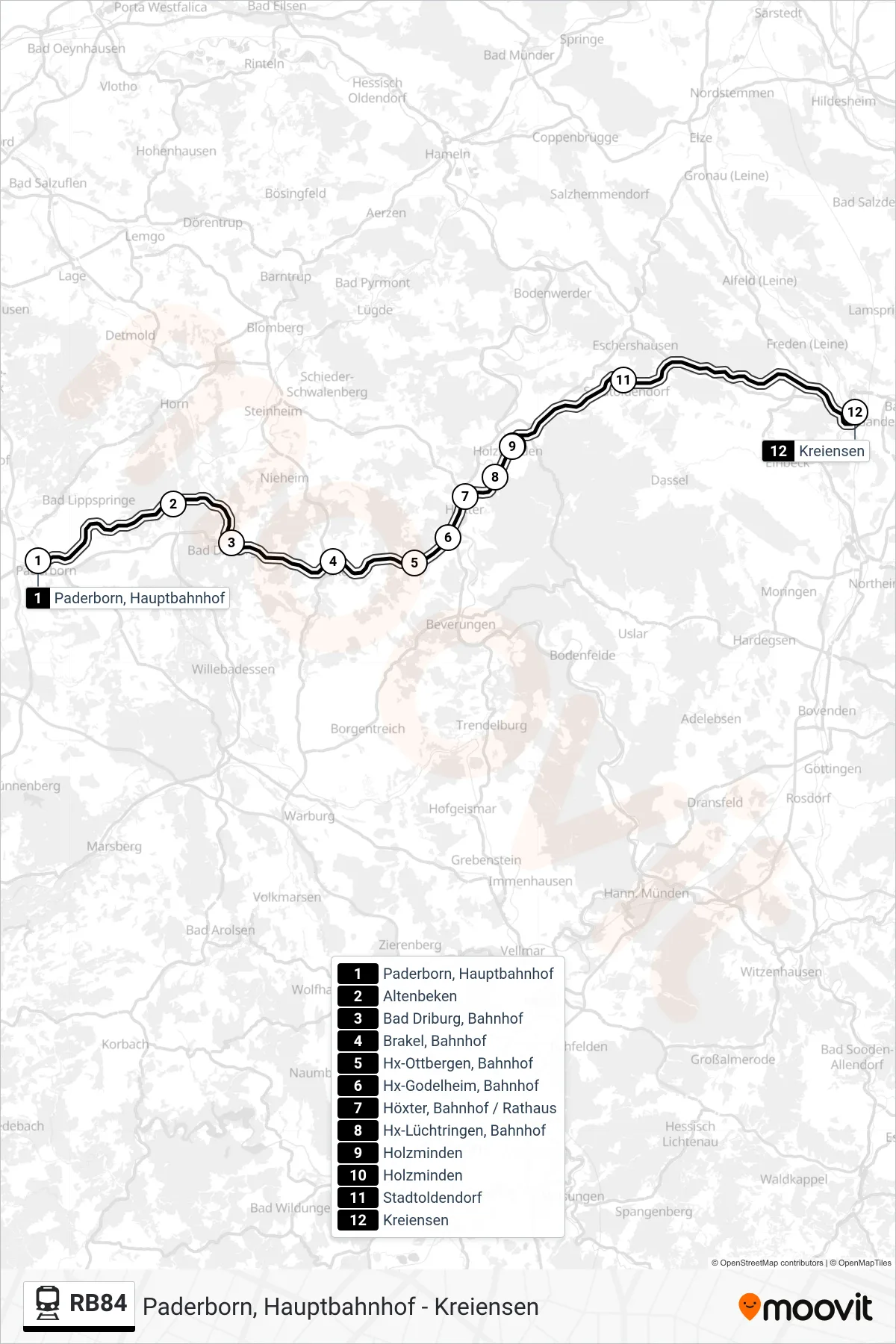 RB84 rail Line (Kreiensen) route and stops on a map