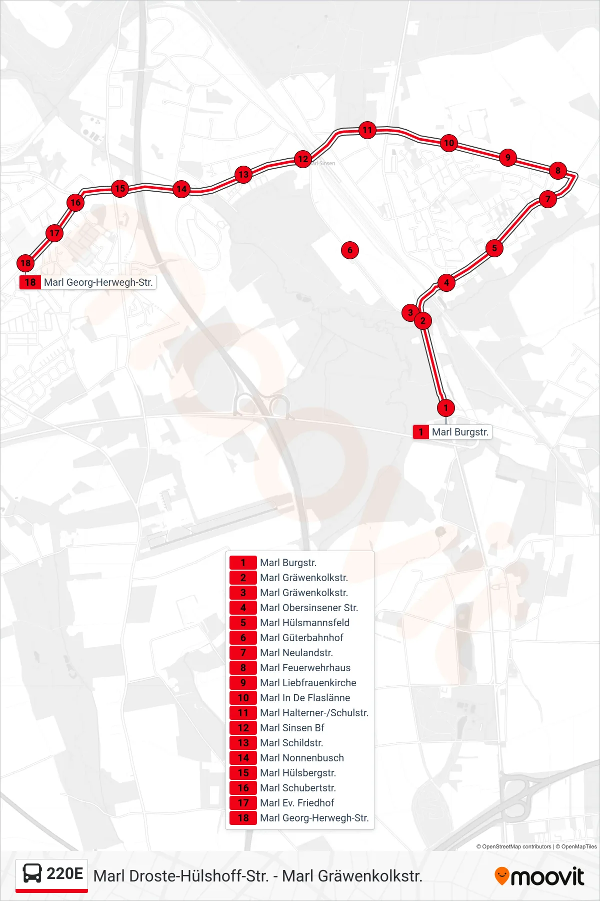 220E bus Line (Marl Georg-Herwegh-Str.) route and stops on a map