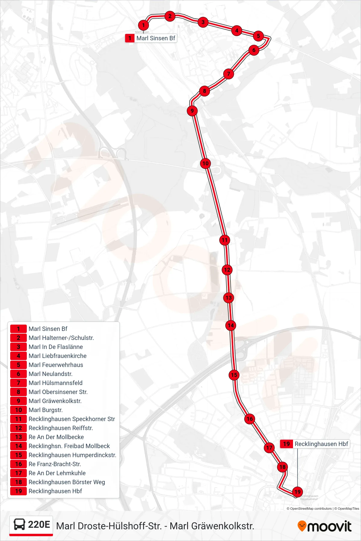 220E bus Line (Recklinghausen Hbf) route and stops on a map