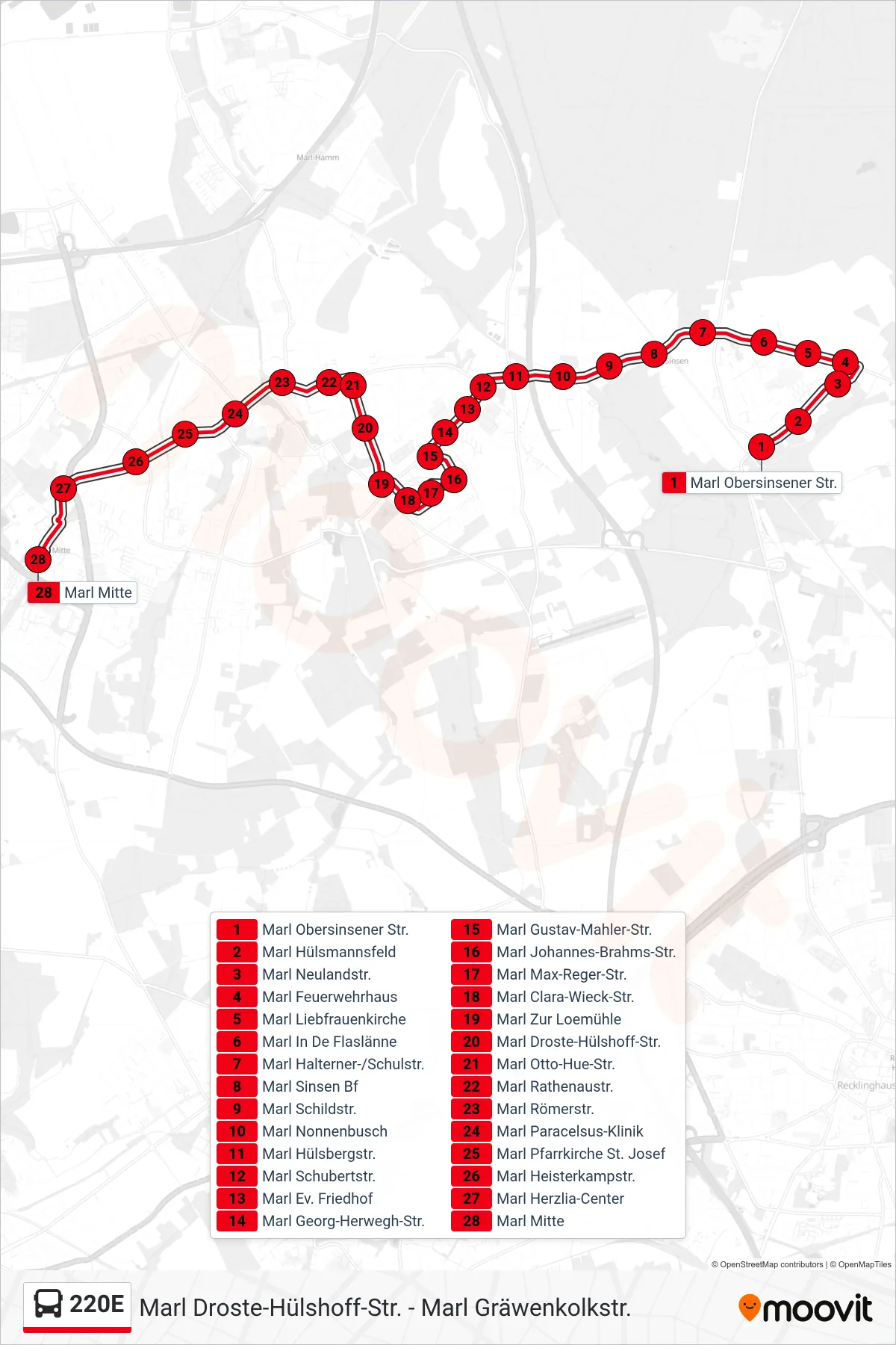 Linie 220E (Bus) Richtung Marl Mitte: Route und Haltestellen auf der Karte