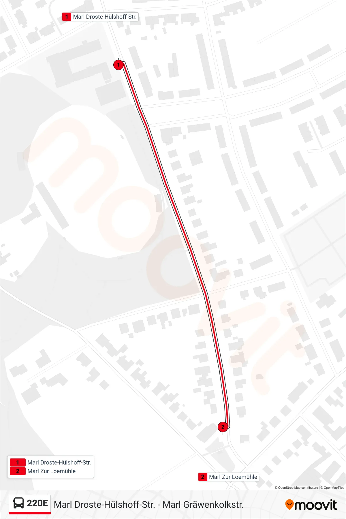 Linie 220E (Bus) Richtung Marl Zur Loemühle: Route und Haltestellen auf der Karte