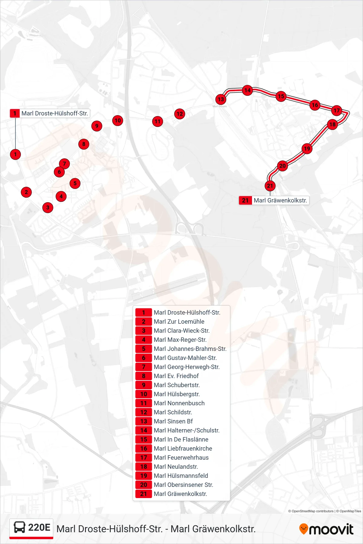 220E bus Line (Marl Gräwenkolkstr.) route and stops on a map