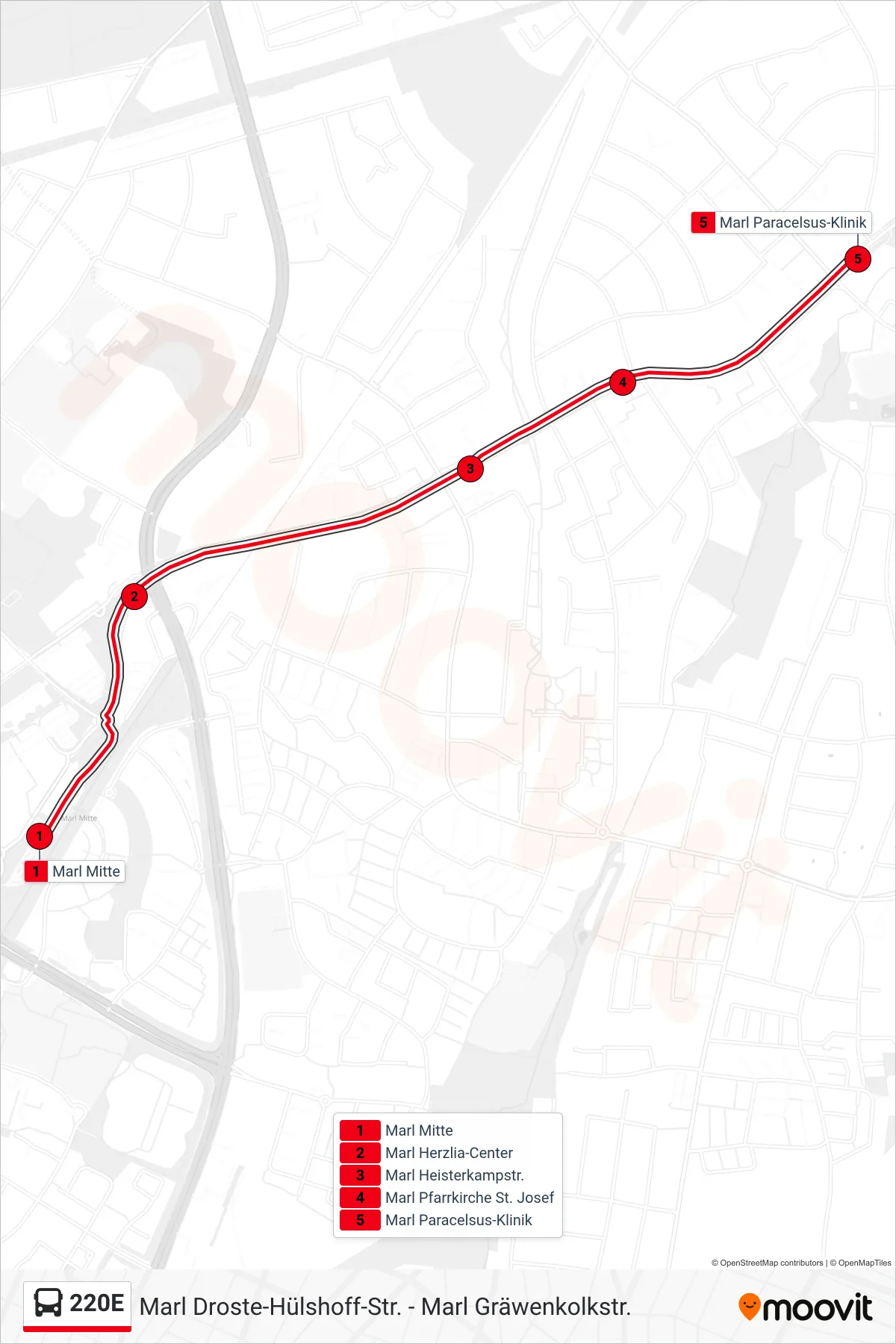 Linie 220E (Bus) Richtung Marl Paracelsus-Klinik: Route und Haltestellen auf der Karte
