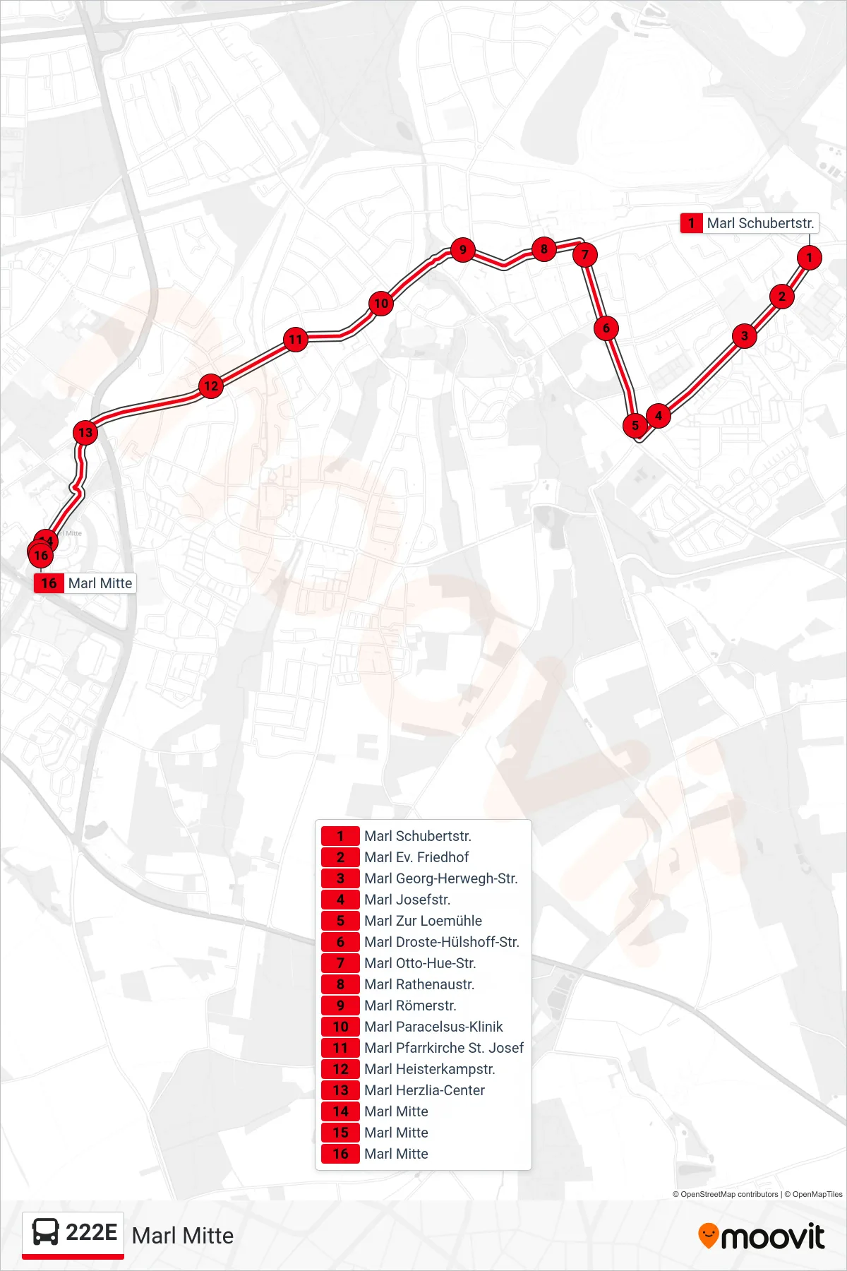 Linie 222E (Bus) Richtung Marl Mitte: Route und Haltestellen auf der Karte