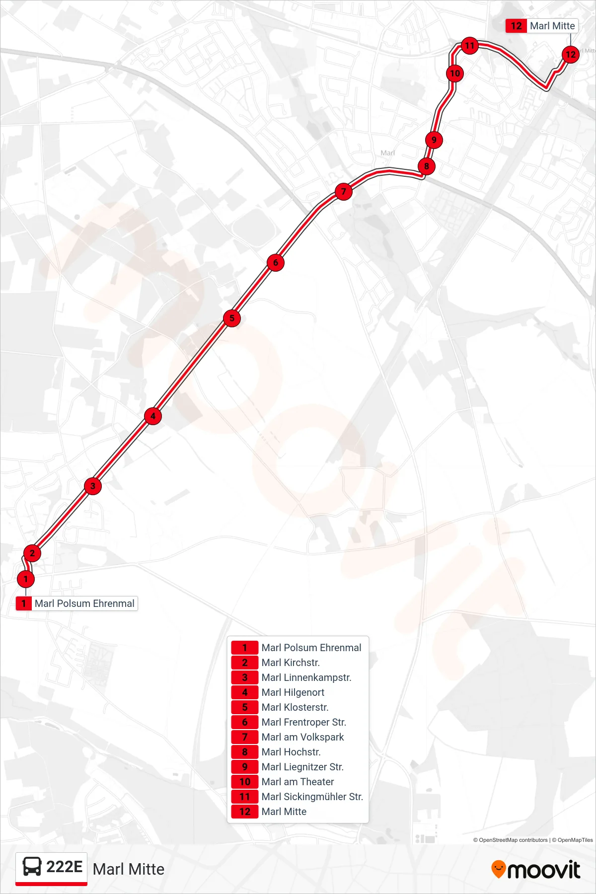 Linie 222E (Bus) Richtung Marl Mitte: Route und Haltestellen auf der Karte