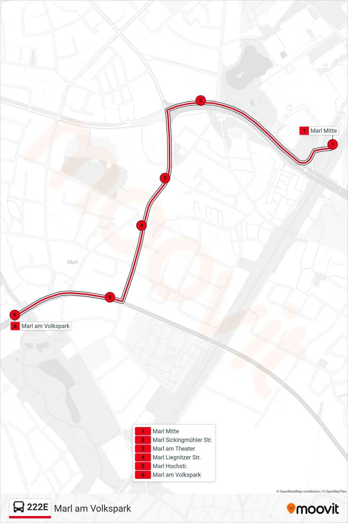 222E bus Line (Marl am Volkspark) route and stops on a map