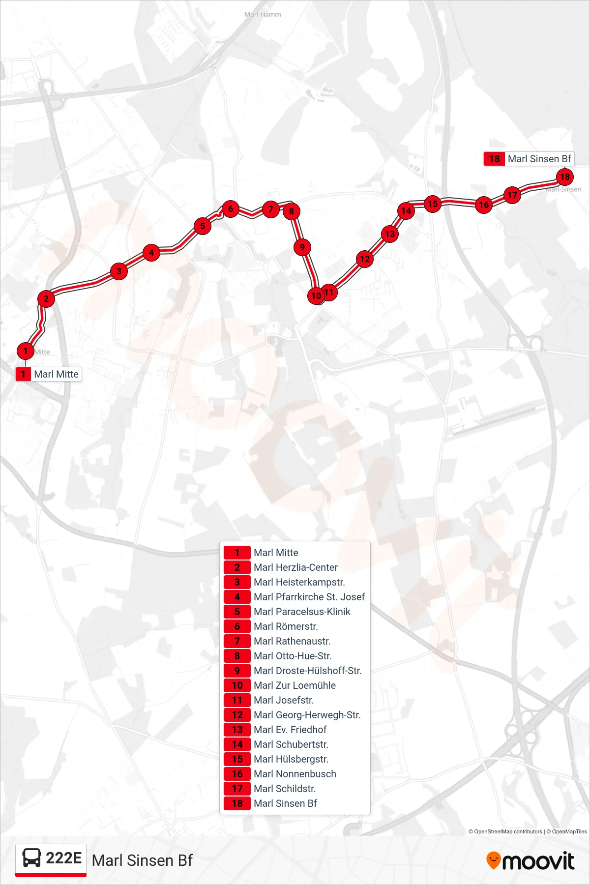 222E bus Line (Marl Sinsen Bf) route and stops on a map