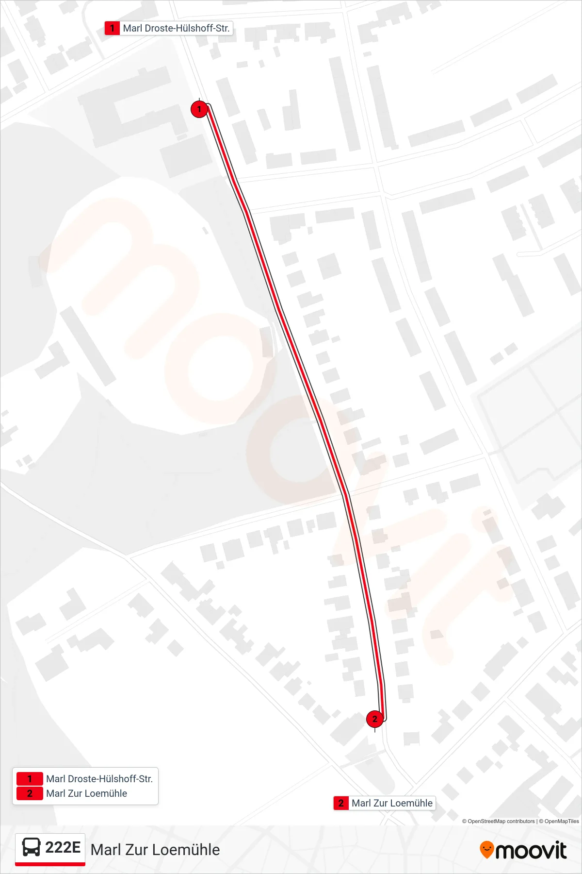 222E bus Line (Marl Zur Loemühle) route and stops on a map