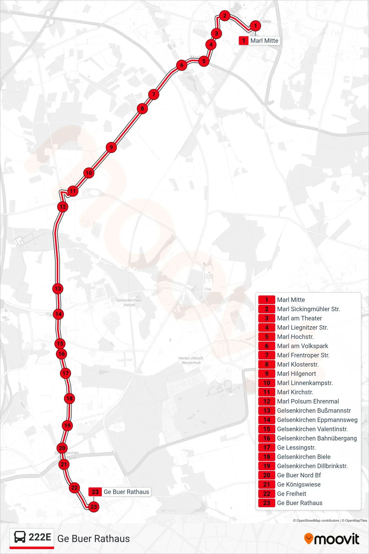 Linie 222E (Bus) Richtung Ge Buer Rathaus: Route und Haltestellen auf der Karte