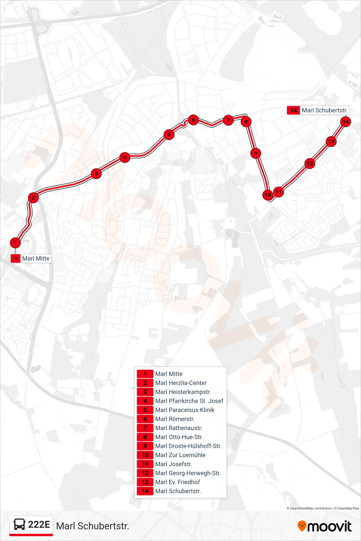 222E bus Line (Marl Schubertstr.) route and stops on a map