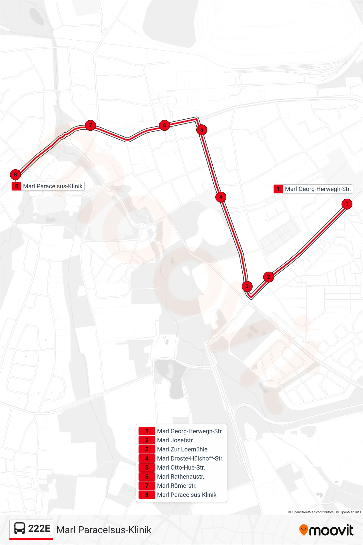Linie 222E (Bus) Richtung Marl Paracelsus-Klinik: Route und Haltestellen auf der Karte