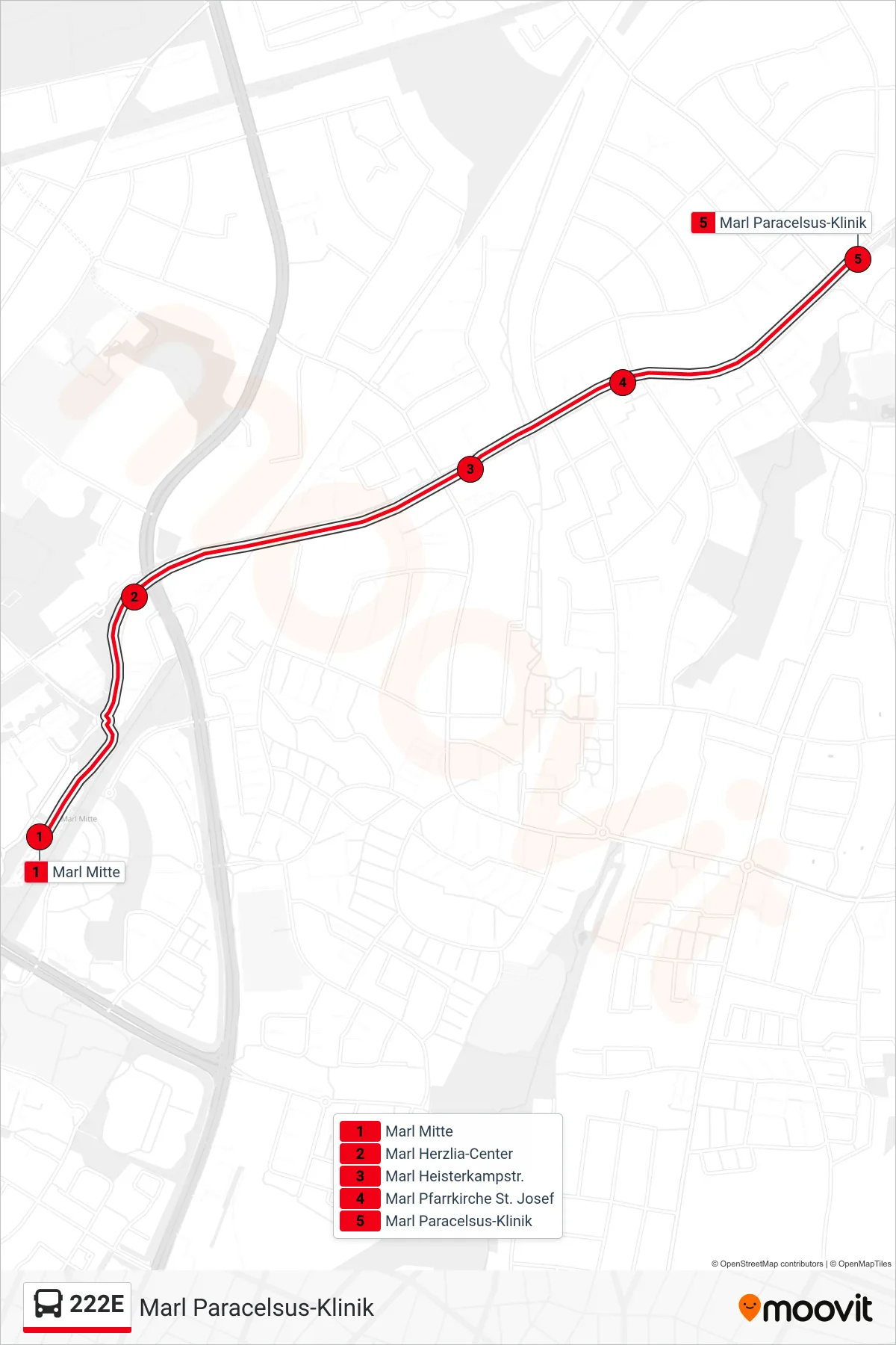 222E bus Line (Marl Paracelsus-Klinik) route and stops on a map