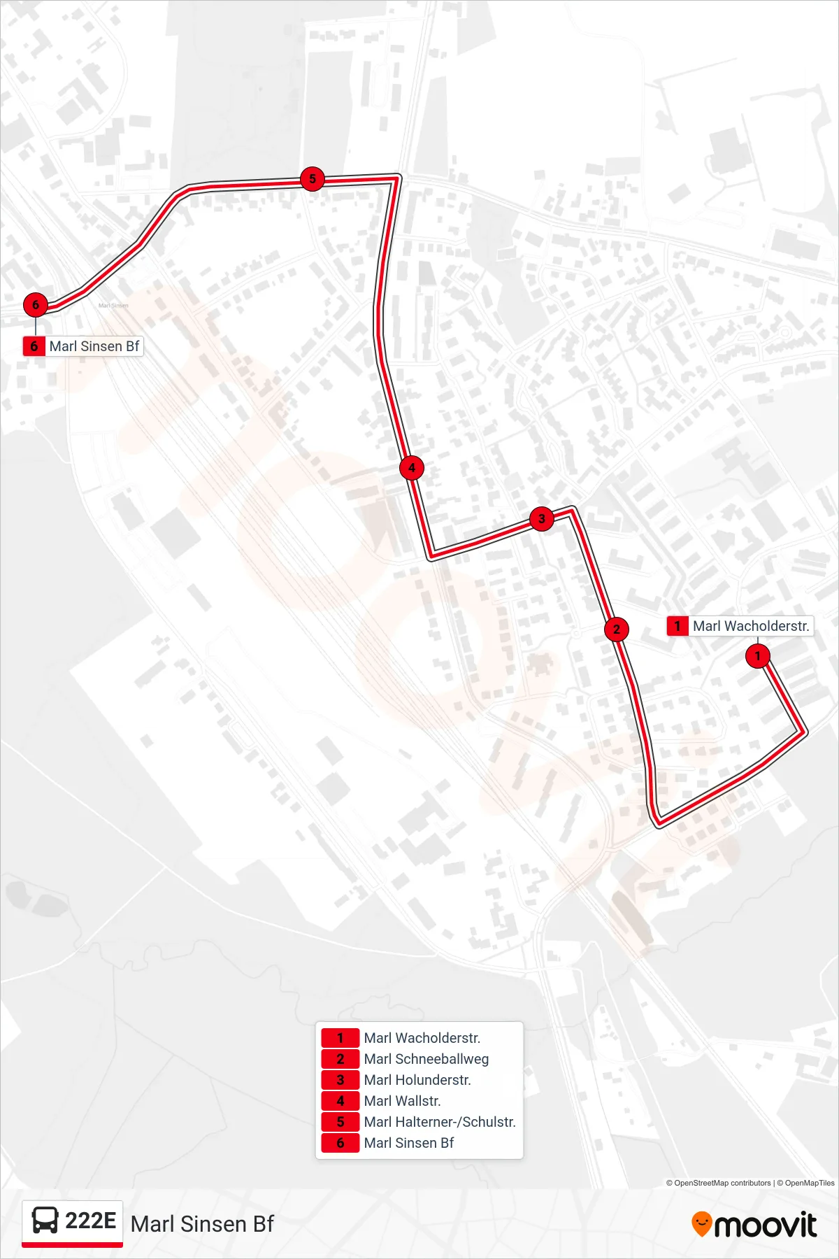 Linie 222E (Bus) Richtung Marl Sinsen Bf: Route und Haltestellen auf der Karte