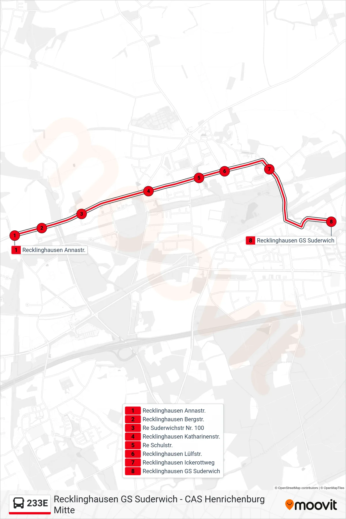 Linie 233E (Bus) Richtung Recklinghausen GS Suderwich: Route und Haltestellen auf der Karte