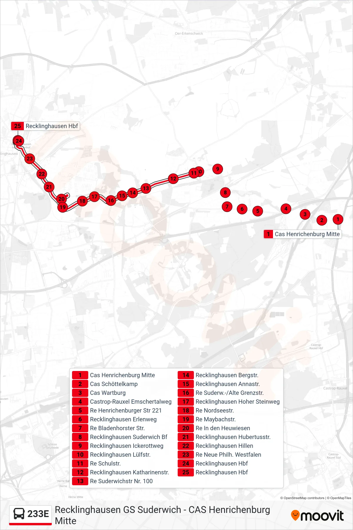 233E bus Line (Recklinghausen Hbf) route and stops on a map