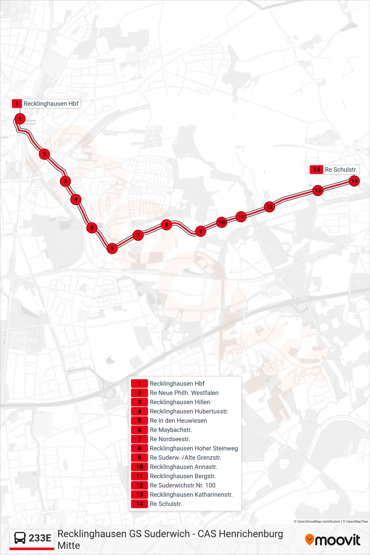 Linie 233E (Bus) Richtung Re Schulstr.: Route und Haltestellen auf der Karte