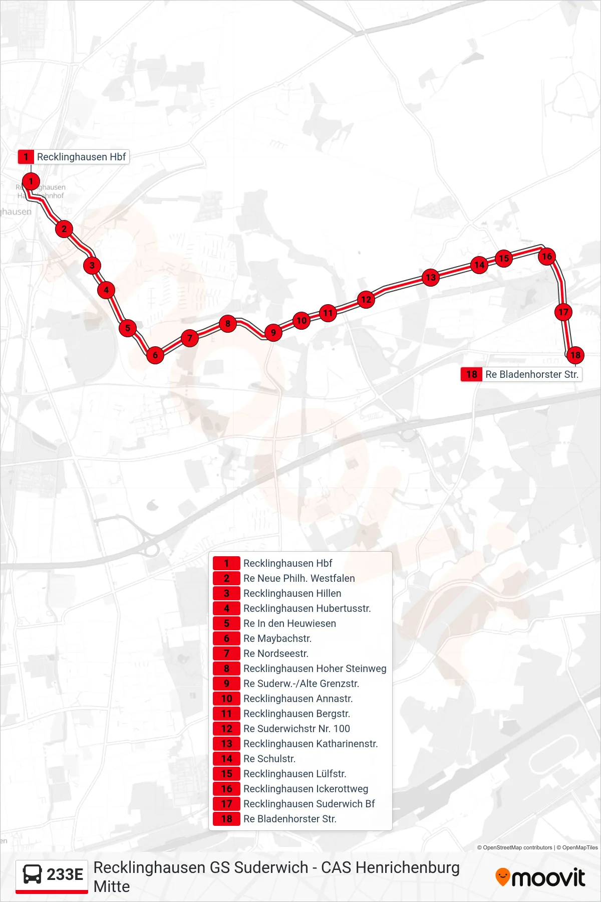233E bus Line (Re Bladenhorster Str.) route and stops on a map