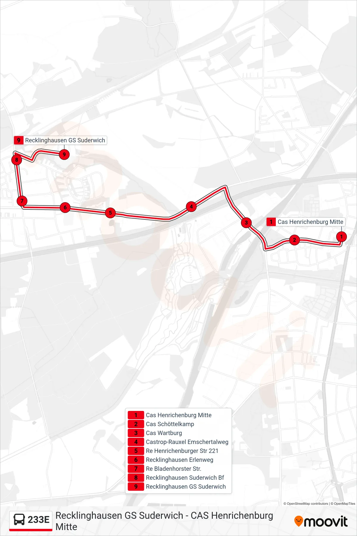 Linie 233E (Bus) Richtung Recklinghausen GS Suderwich: Route und Haltestellen auf der Karte