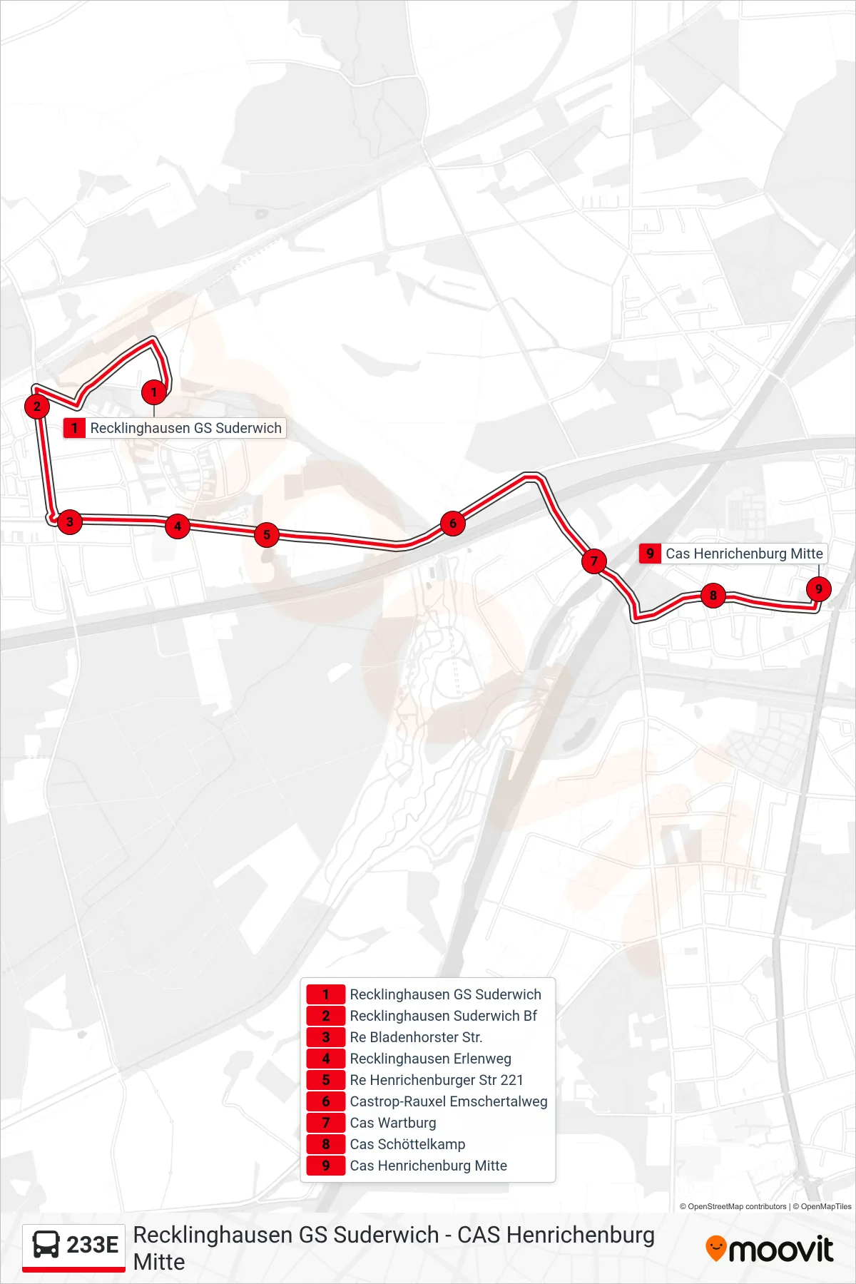 233E bus Line (Cas Henrichenburg Mitte) route and stops on a map