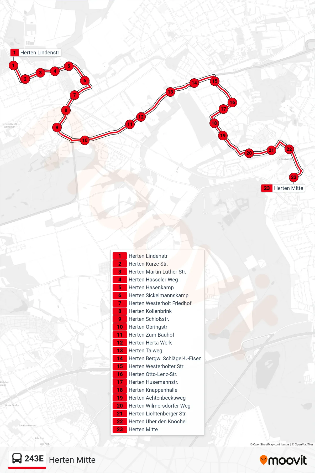 Linie 243E (Bus) Richtung Herten Mitte: Route und Haltestellen auf der Karte
