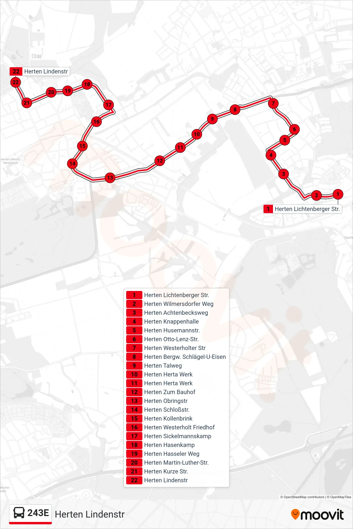 Linie 243E (Bus) Richtung Herten Lindenstr: Route und Haltestellen auf der Karte