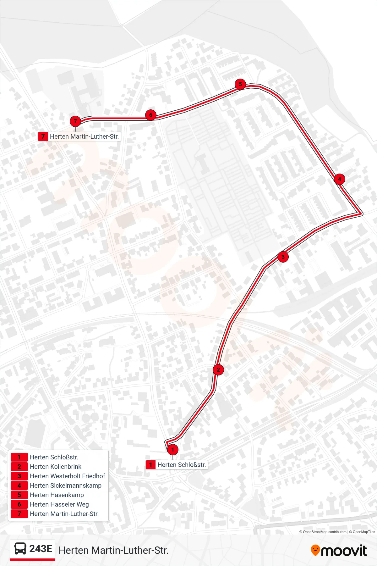 243E bus Line (Herten Martin-Luther-Str.) route and stops on a map