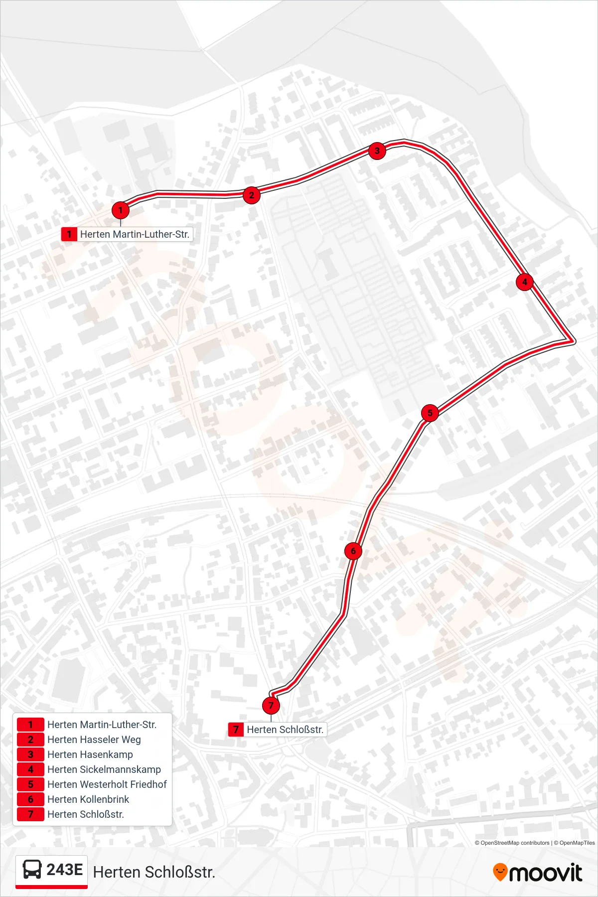 Linie 243E (Bus) Richtung Herten Schloßstr.: Route und Haltestellen auf der Karte