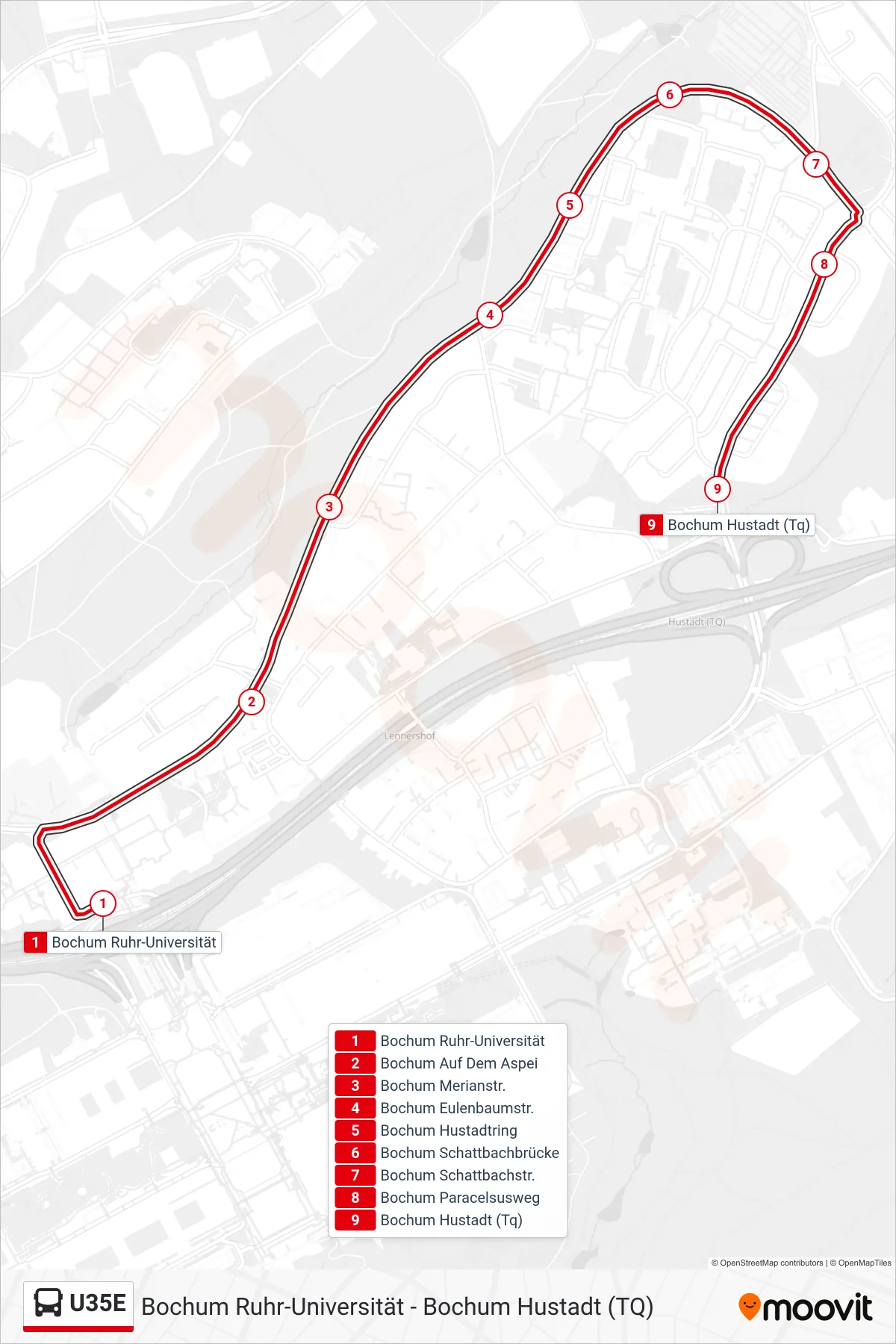 U35E bus Line (Bochum Hustadt (Tq)) route and stops on a map