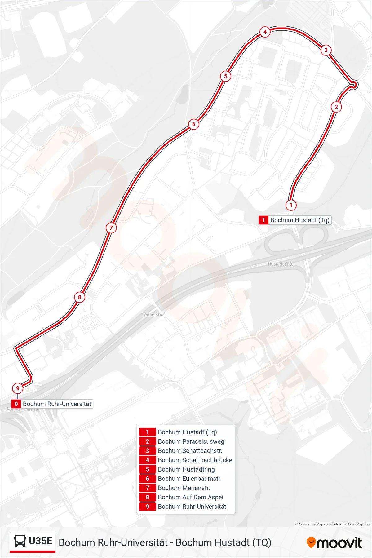 Linie U35E (Bus) Richtung Bochum Ruhr-Universität: Route und Haltestellen auf der Karte
