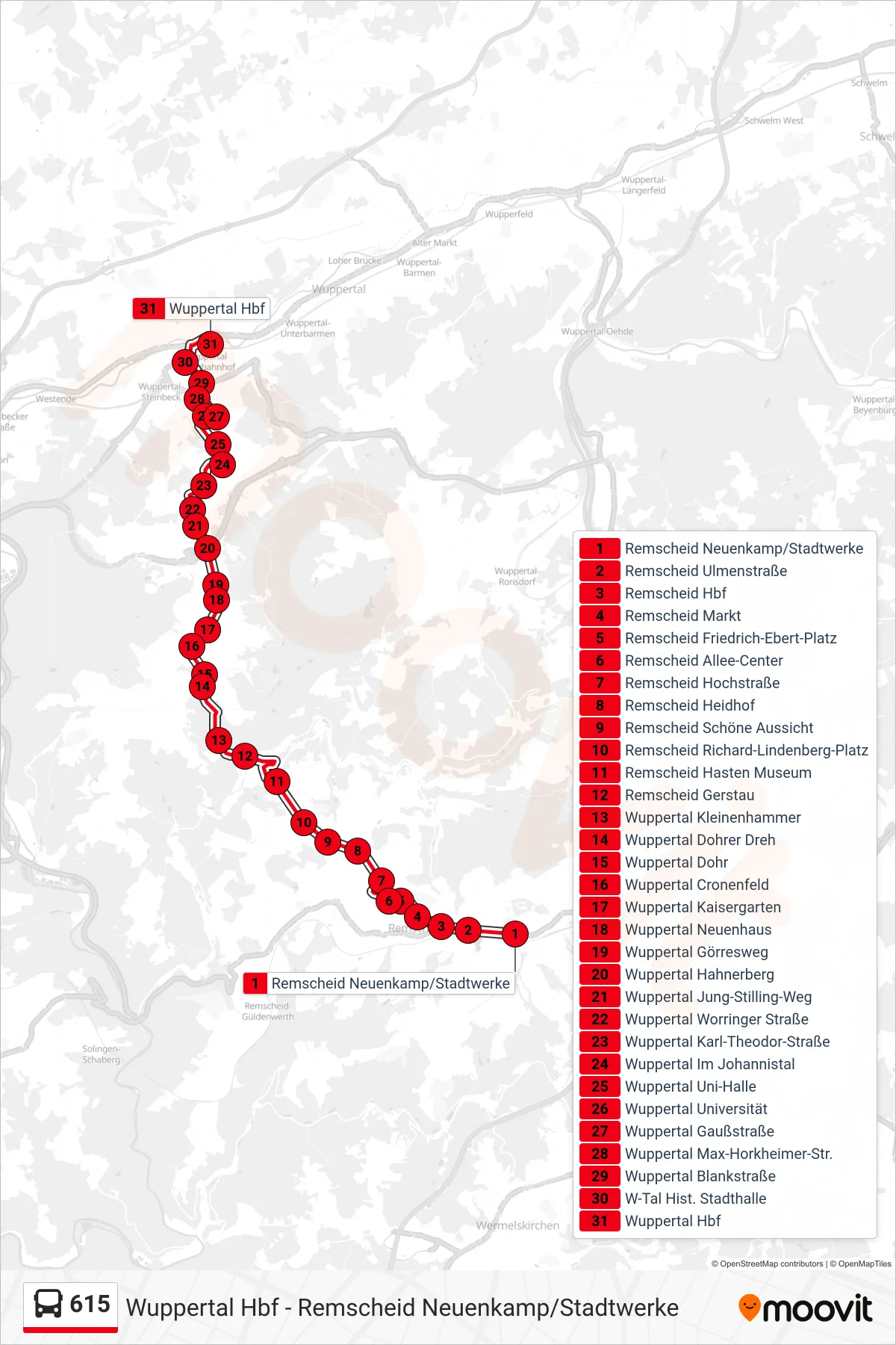 Linie 615 (Bus) Richtung Wuppertal Hbf: Route und Haltestellen auf der Karte