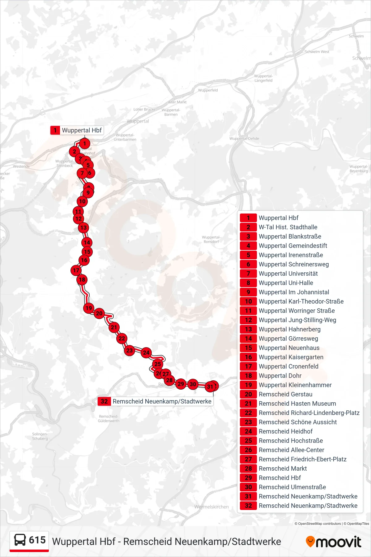 Linie 615 (Bus) Richtung Remscheid Neuenkamp/Stadtwerke: Route und Haltestellen auf der Karte