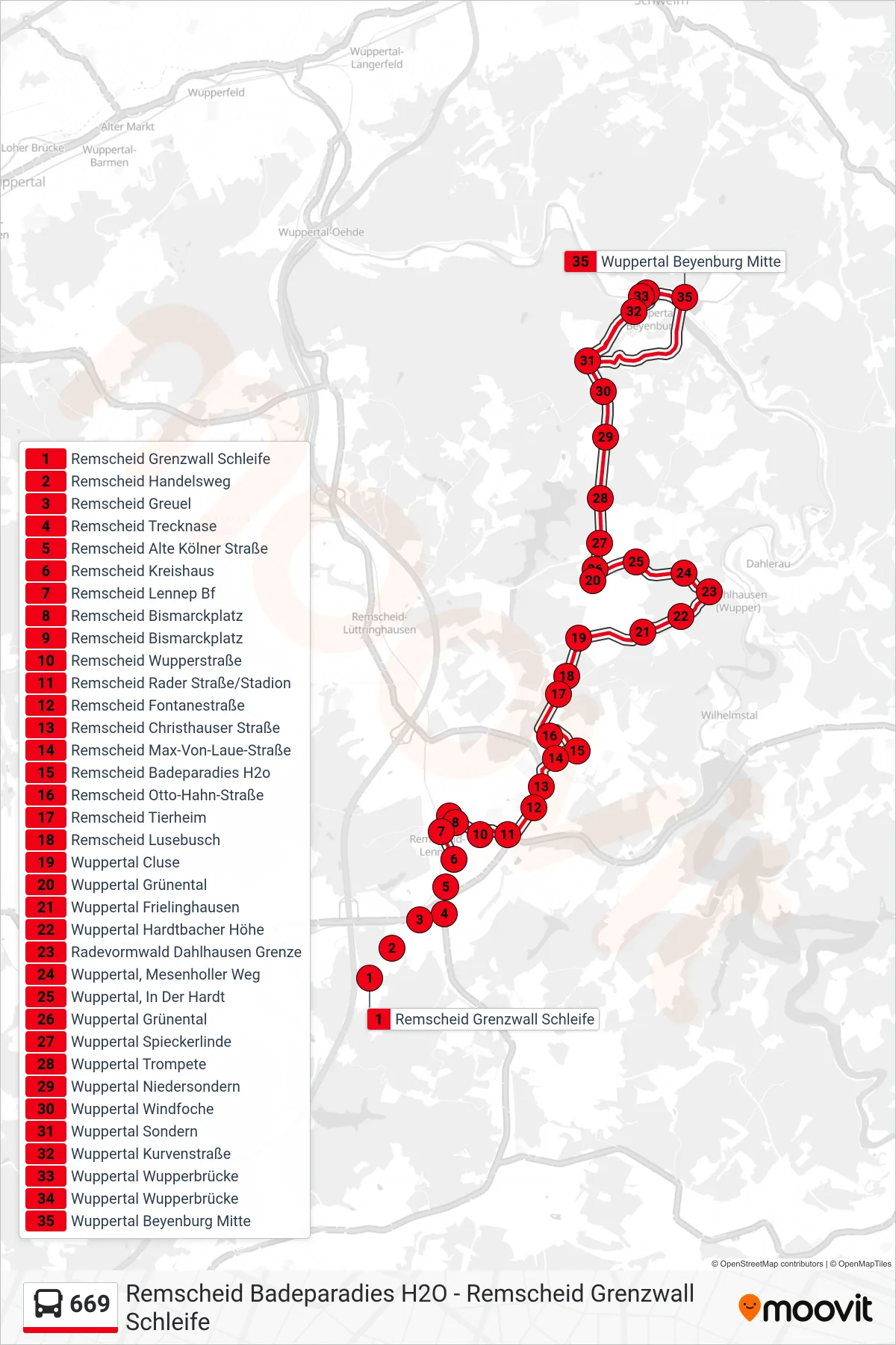 Linie 669 (Bus) Richtung Wuppertal Beyenburg Mitte: Route und Haltestellen auf der Karte