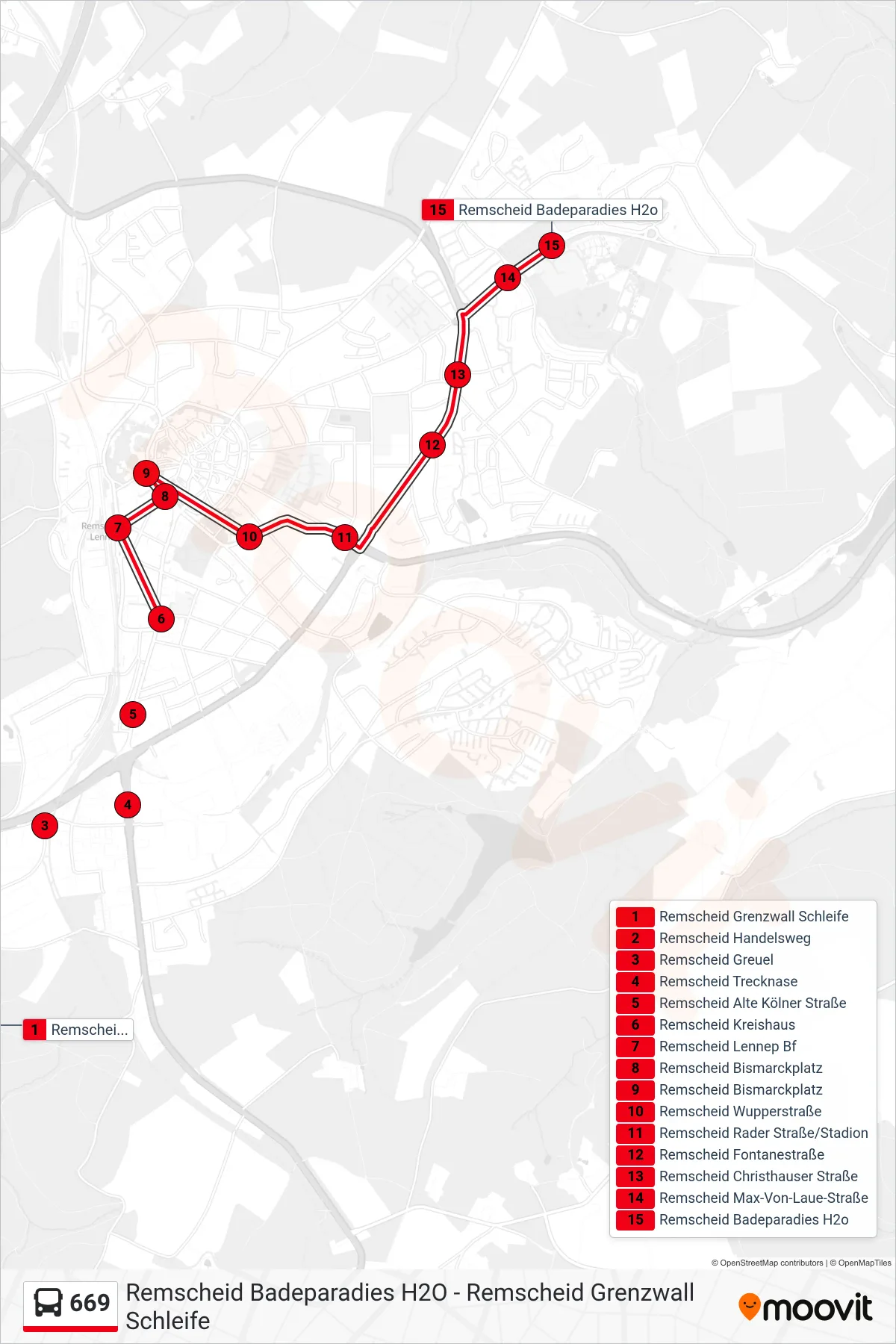 669 bus Line (Remscheid Badeparadies H2o) route and stops on a map
