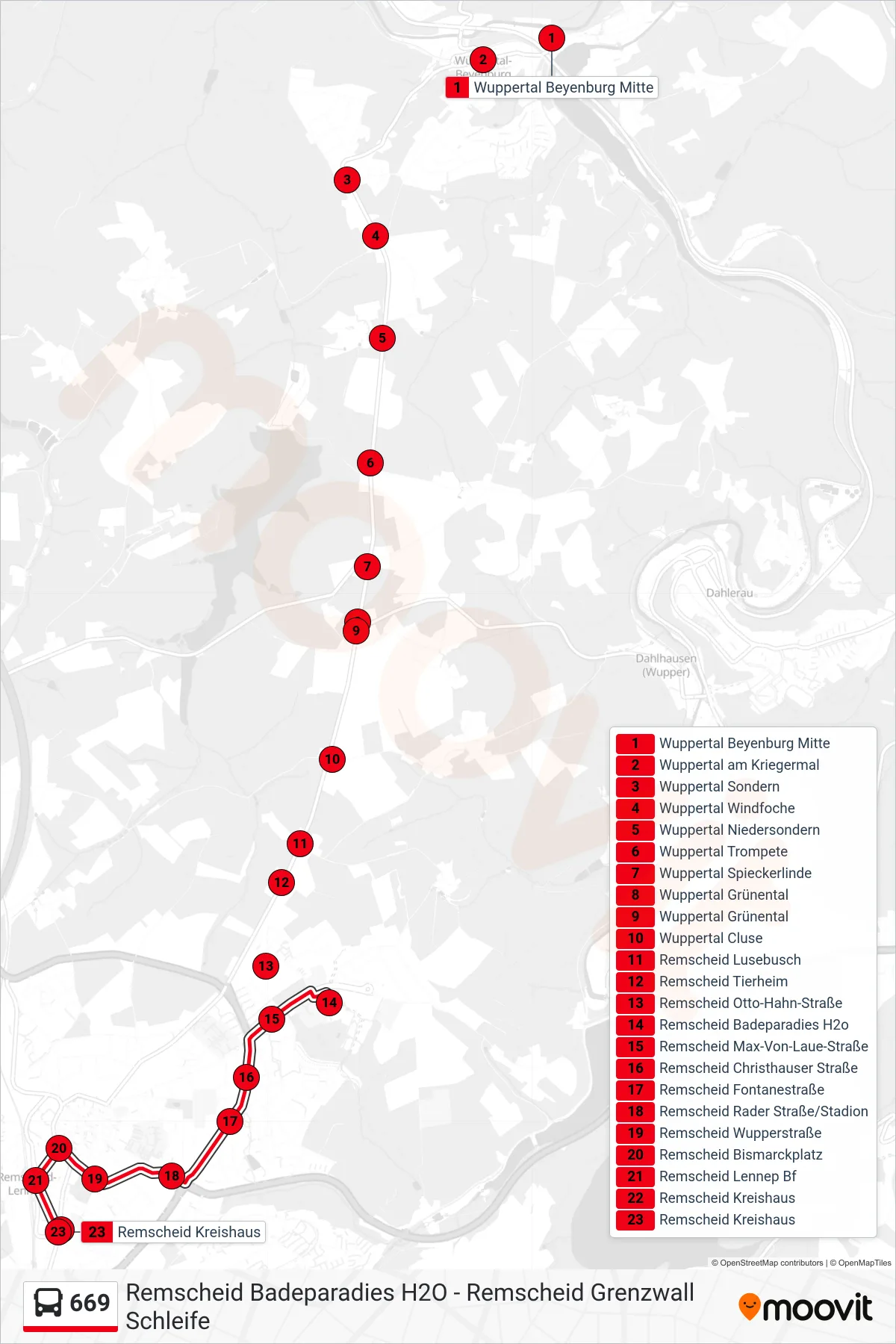 669 bus Line (Remscheid Kreishaus) route and stops on a map