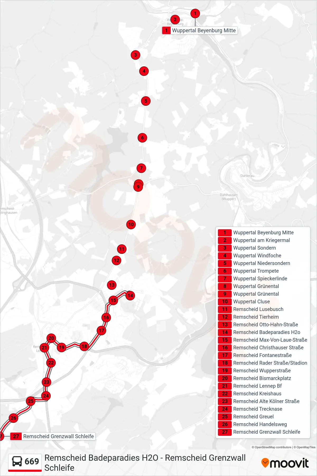 Linie 669 (Bus) Richtung Remscheid Grenzwall Schleife: Route und Haltestellen auf der Karte