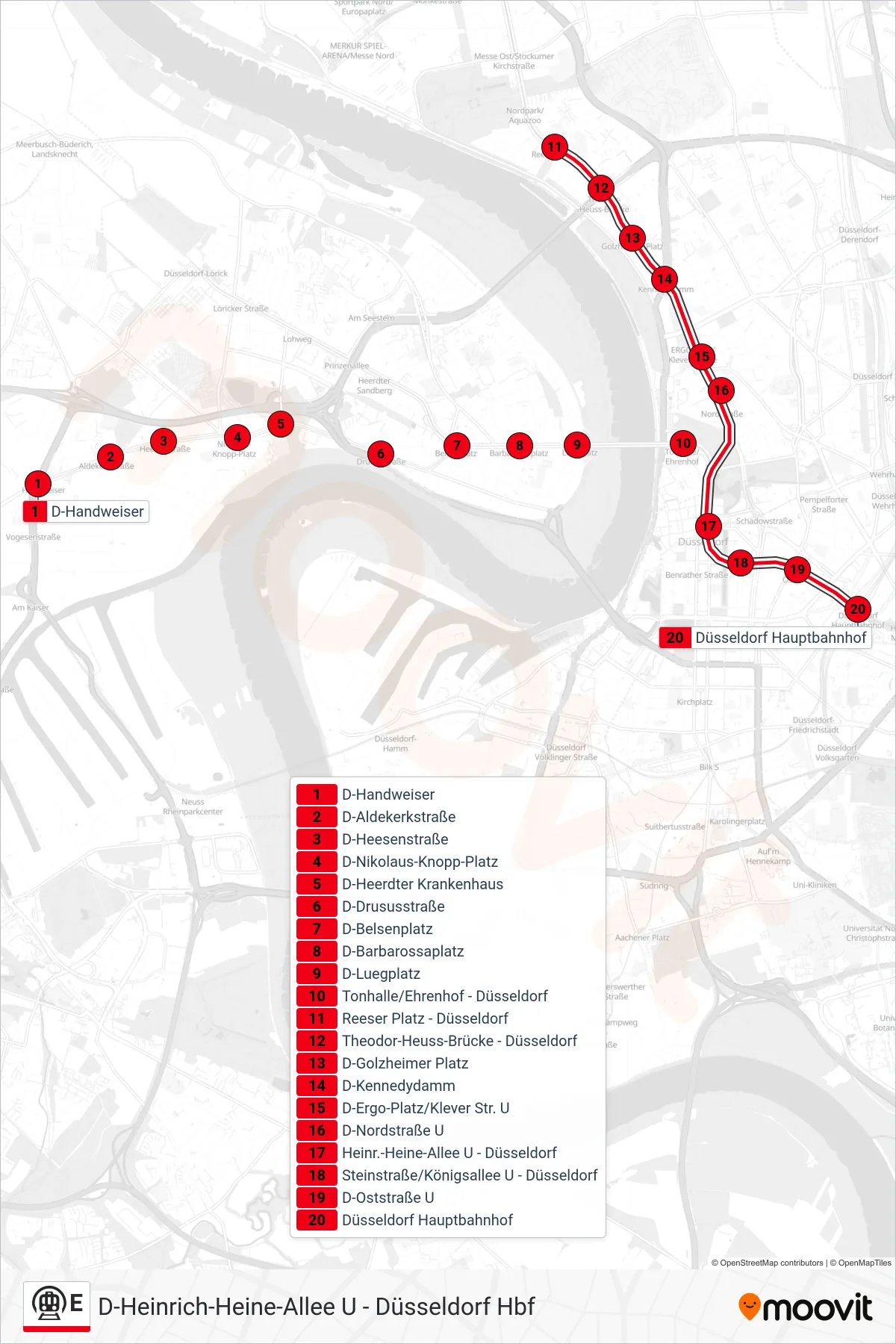 E subway Line (Düsseldorf Hbf) route and stops on a map