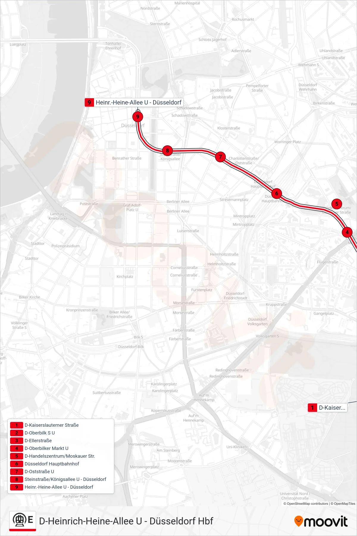 Linie E (U-Bahn) Richtung D-Heinrich-Heine-Allee U: Route und Haltestellen auf der Karte